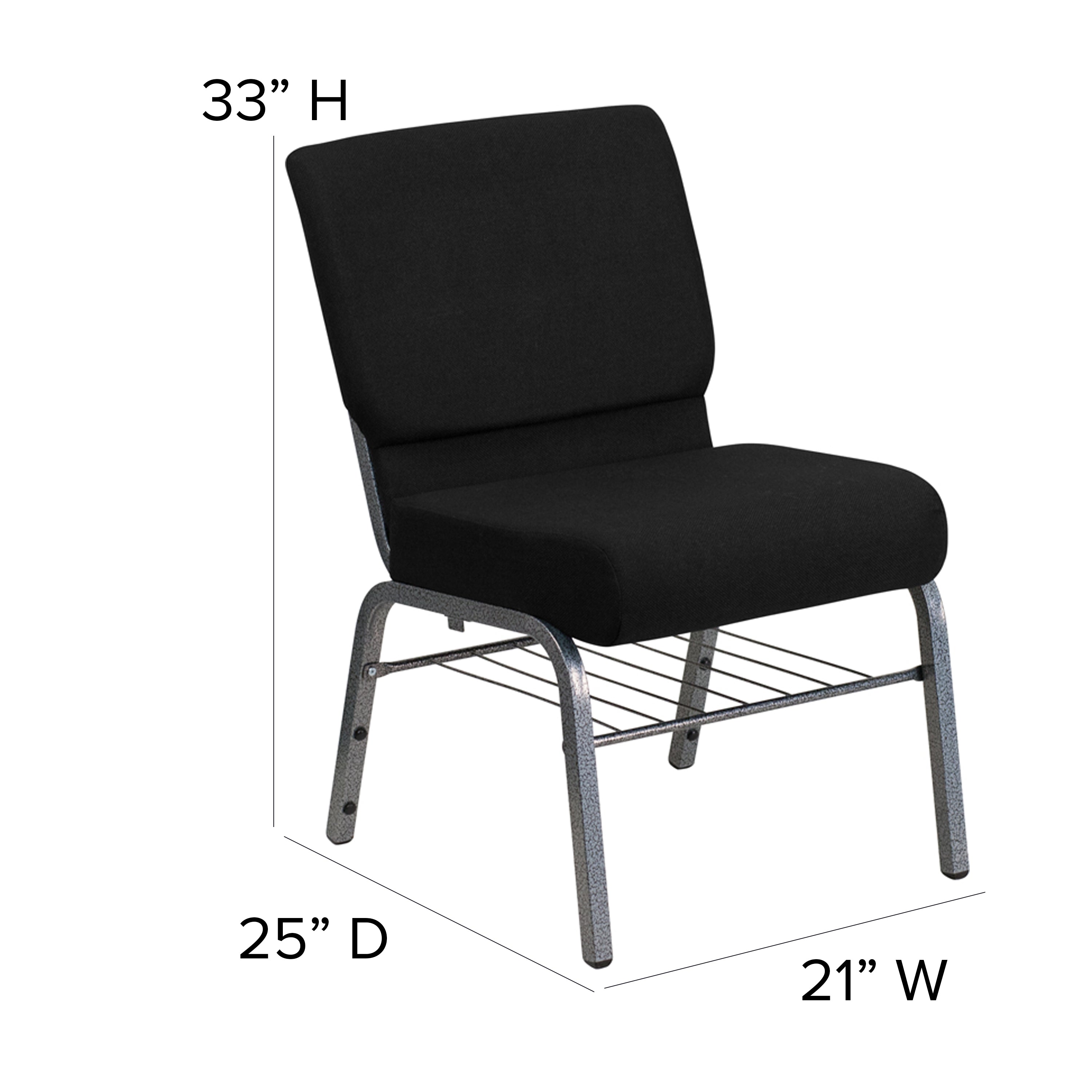 HERCULES Series 21''W Church Chair in Black Fabric with Book Rack - Silver Vein Frame