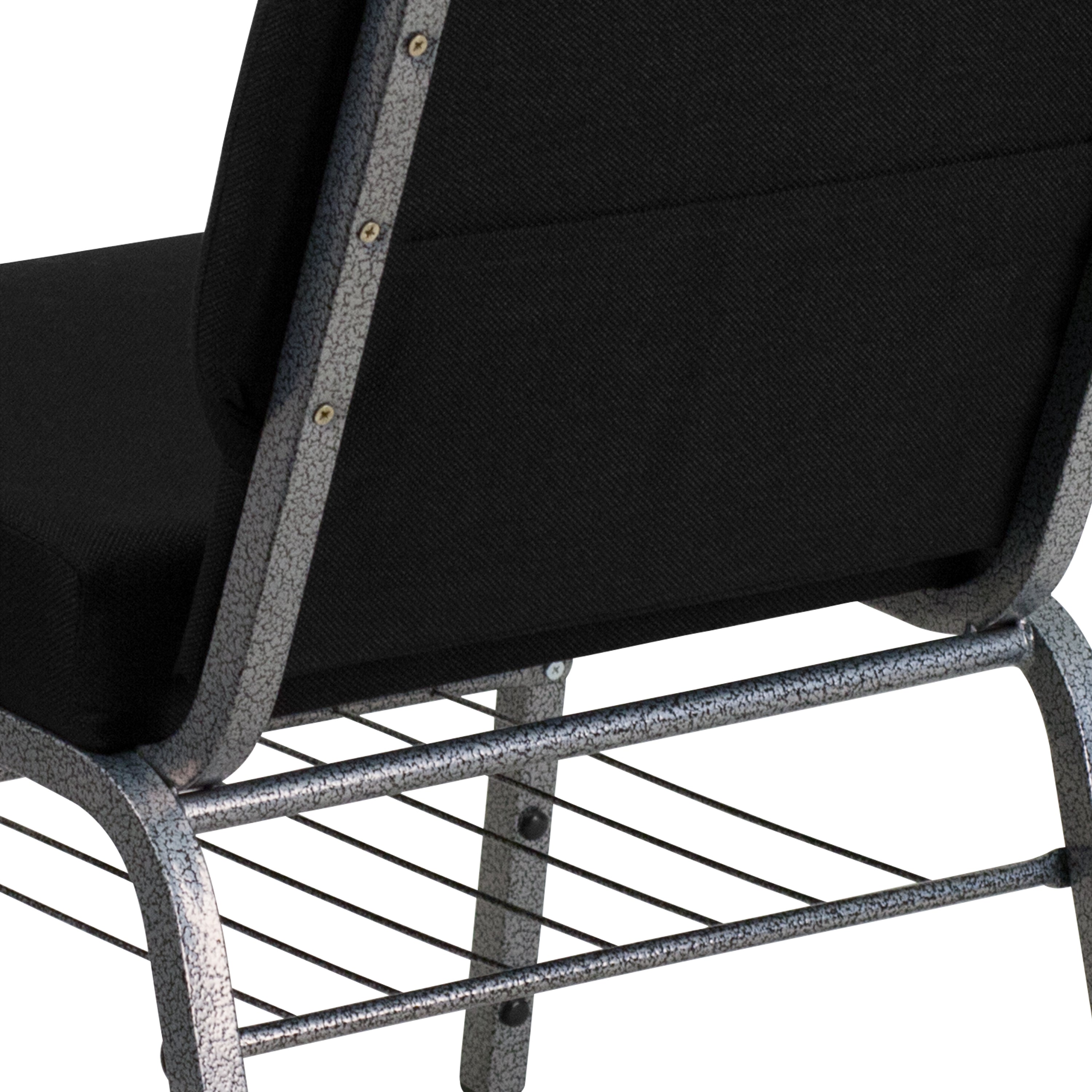 HERCULES Series 21''W Church Chair in Black Fabric with Book Rack - Silver Vein Frame