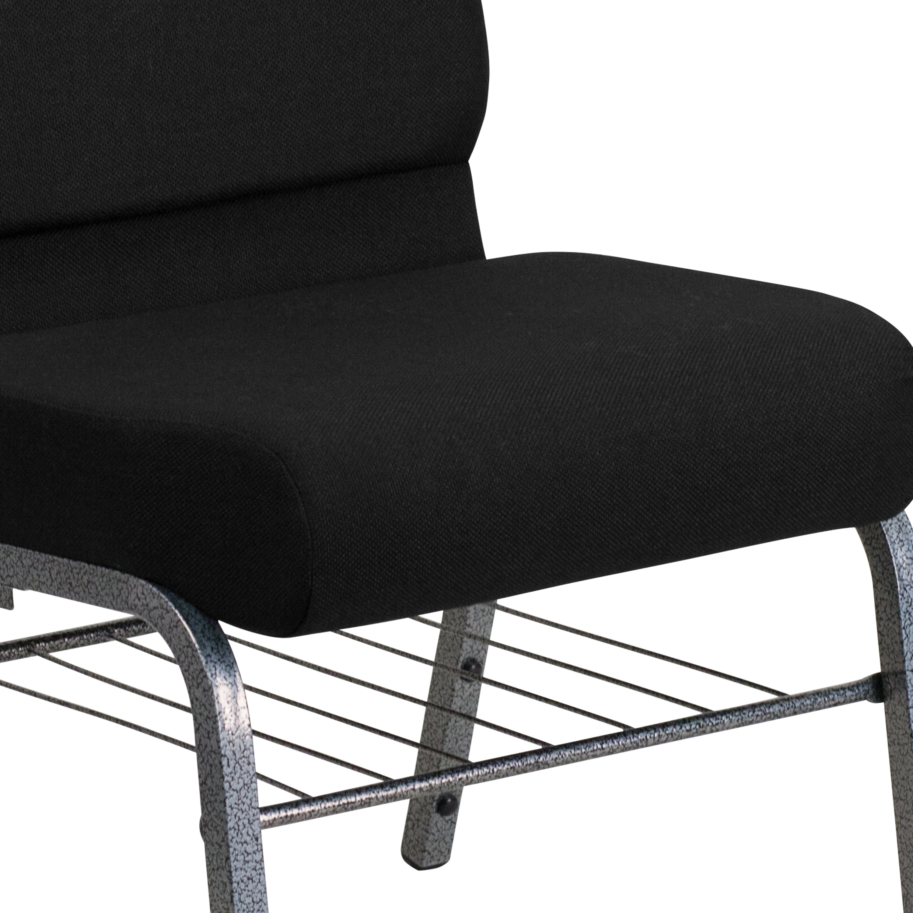 HERCULES Series 21''W Church Chair in Black Fabric with Book Rack - Silver Vein Frame
