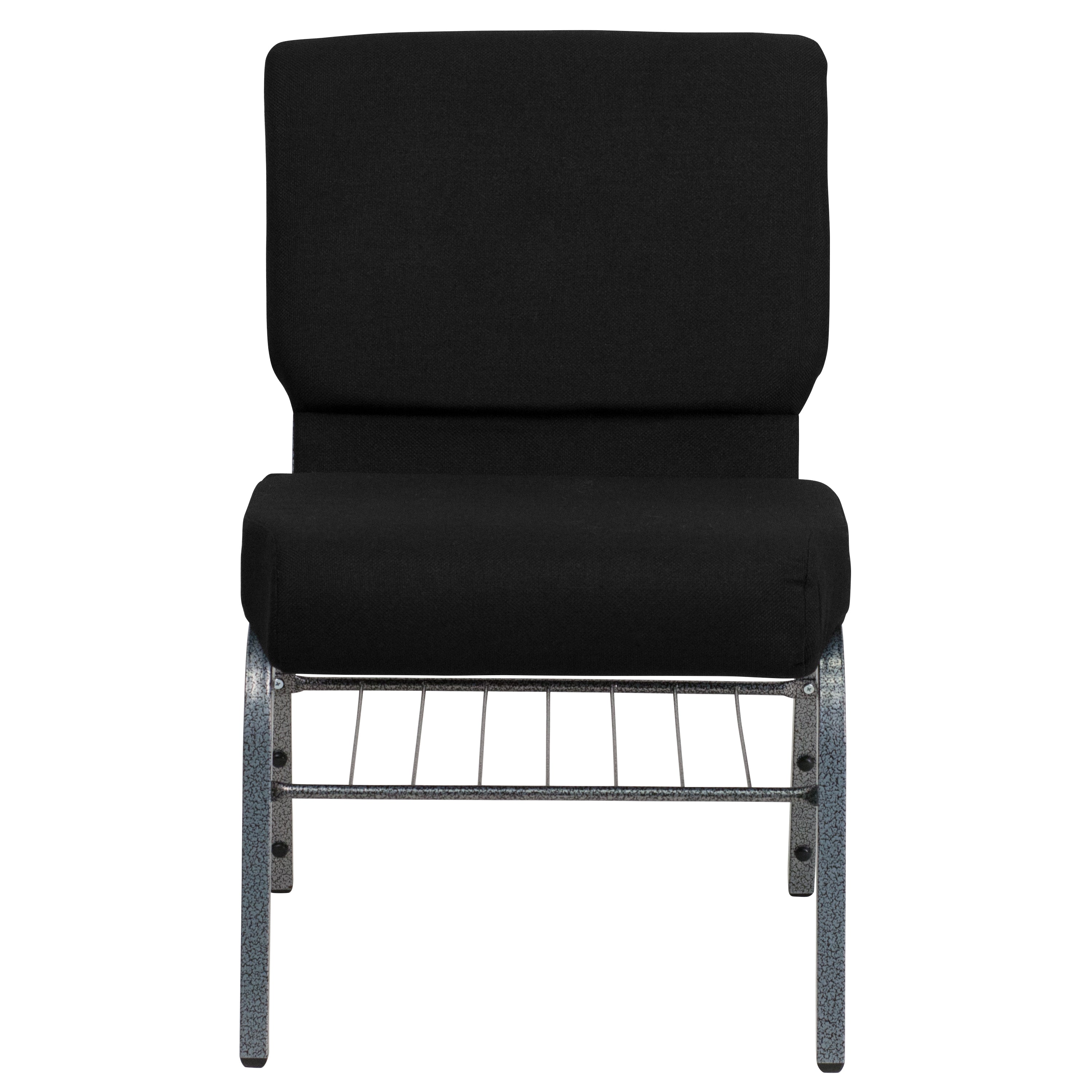 HERCULES Series 21''W Church Chair in Black Fabric with Book Rack - Silver Vein Frame