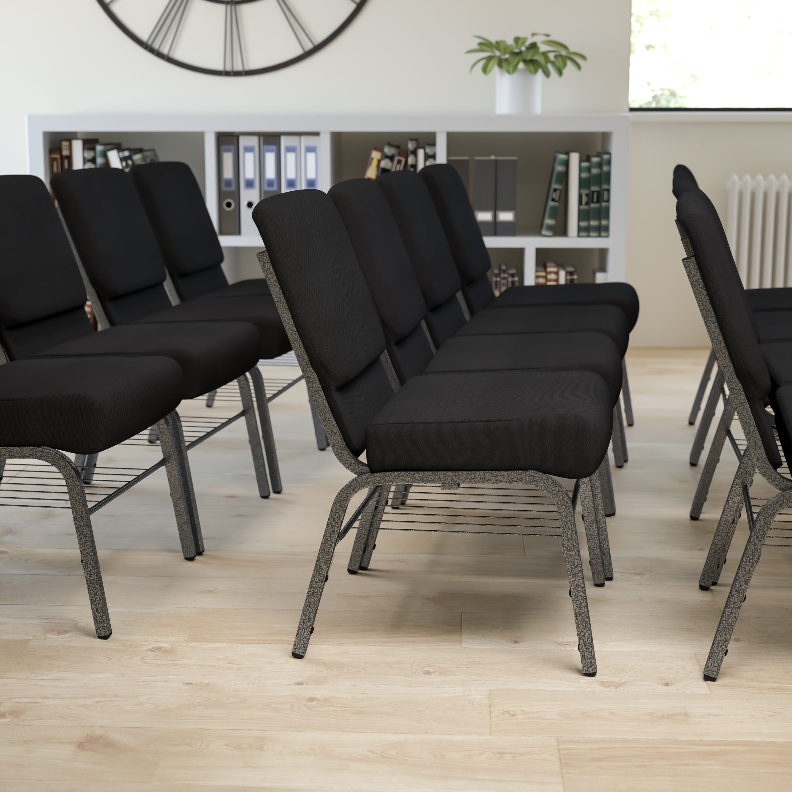 HERCULES Series 21''W Church Chair in Black Fabric with Book Rack - Silver Vein Frame