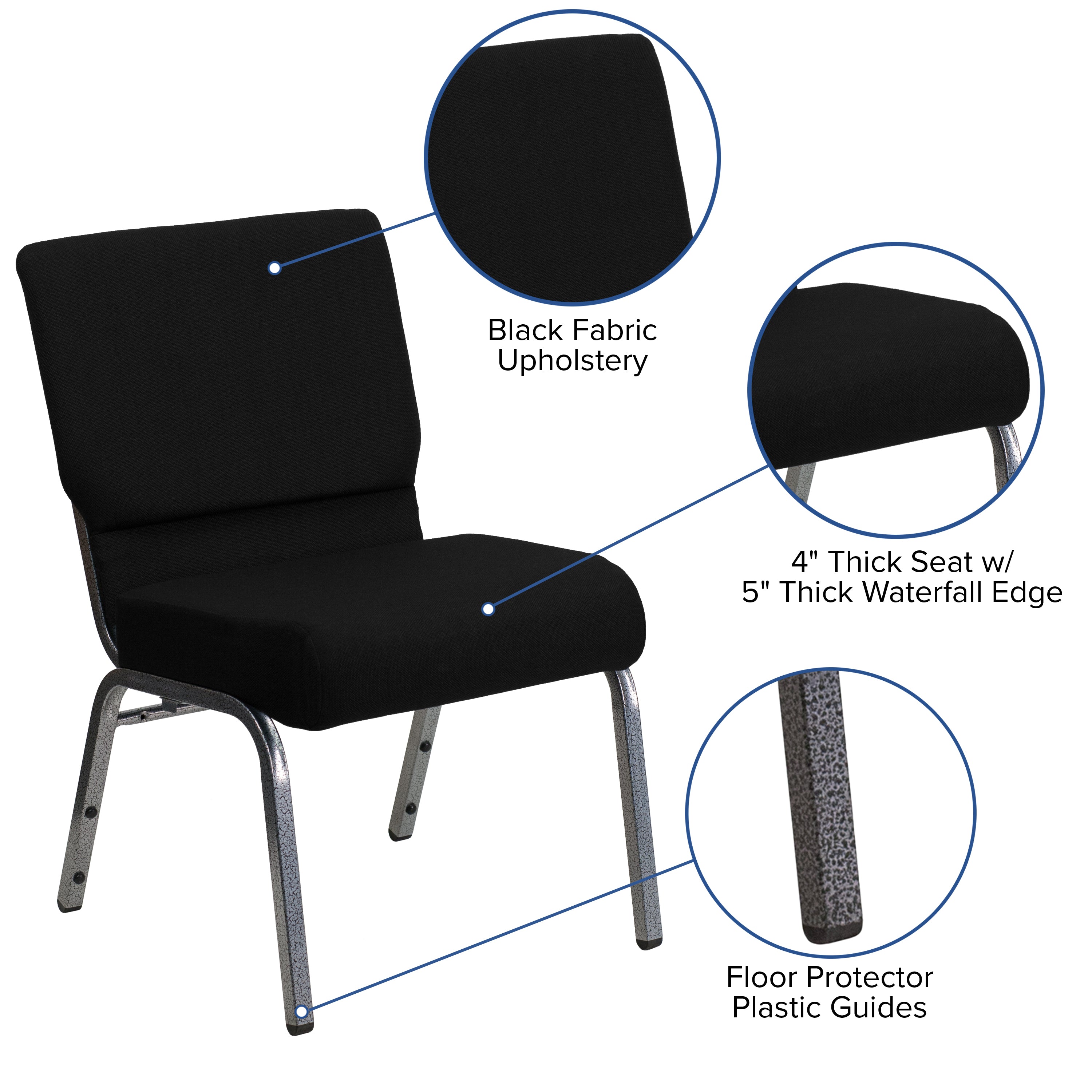 HERCULES Series 21''W Stacking Church Chair in Black Fabric - Silver Vein Frame