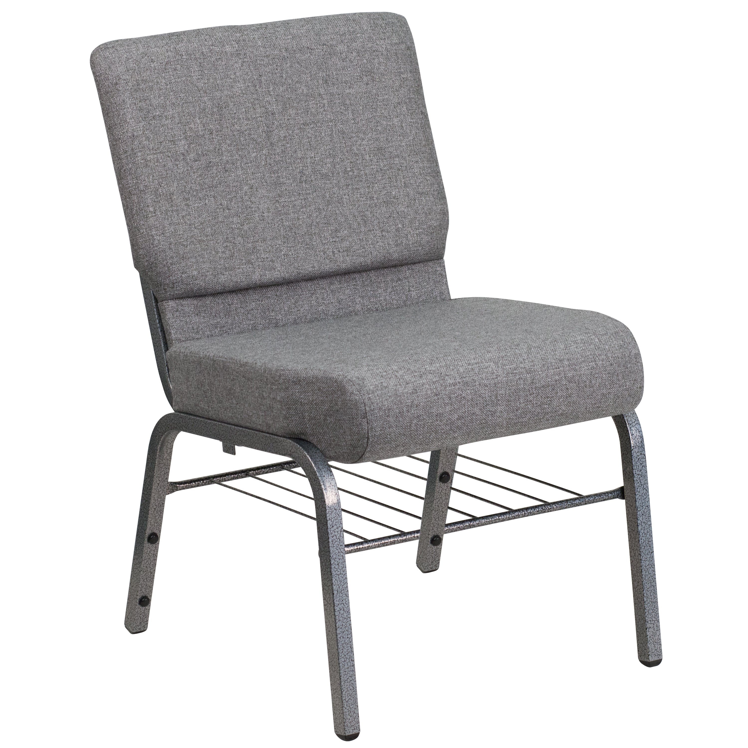 HERCULES Series 21''W Church Chair in Gray Fabric with Book Rack - Silver Vein Frame