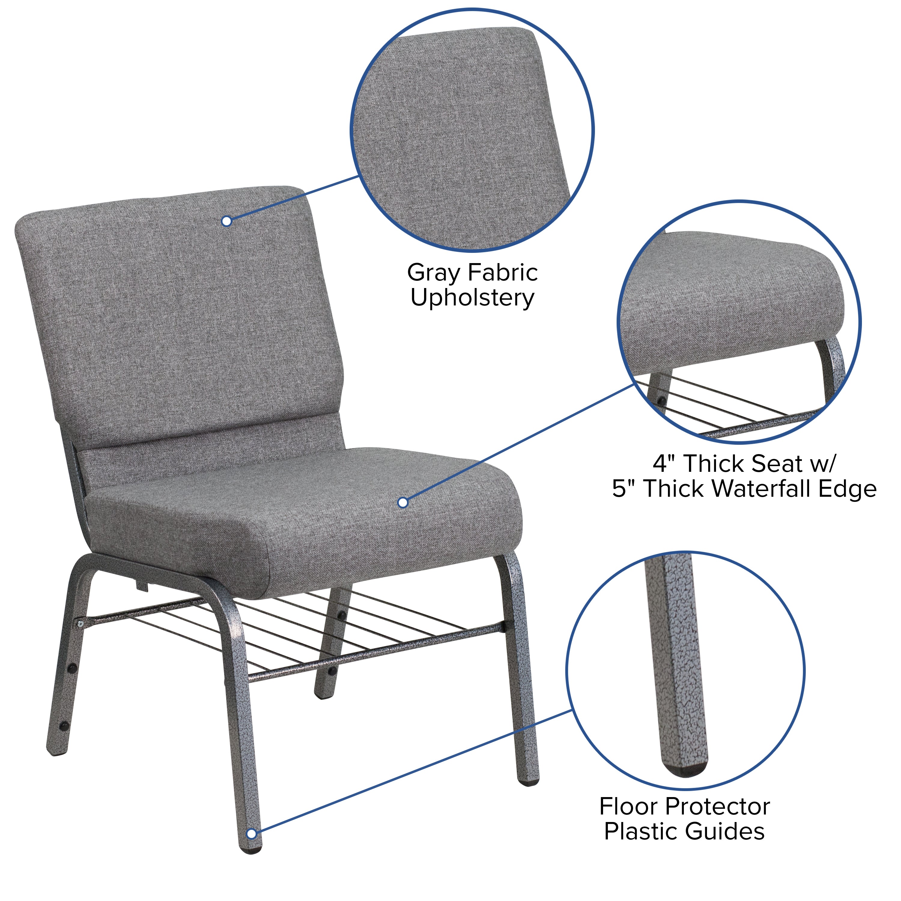 HERCULES Series 21''W Church Chair in Gray Fabric with Book Rack - Silver Vein Frame