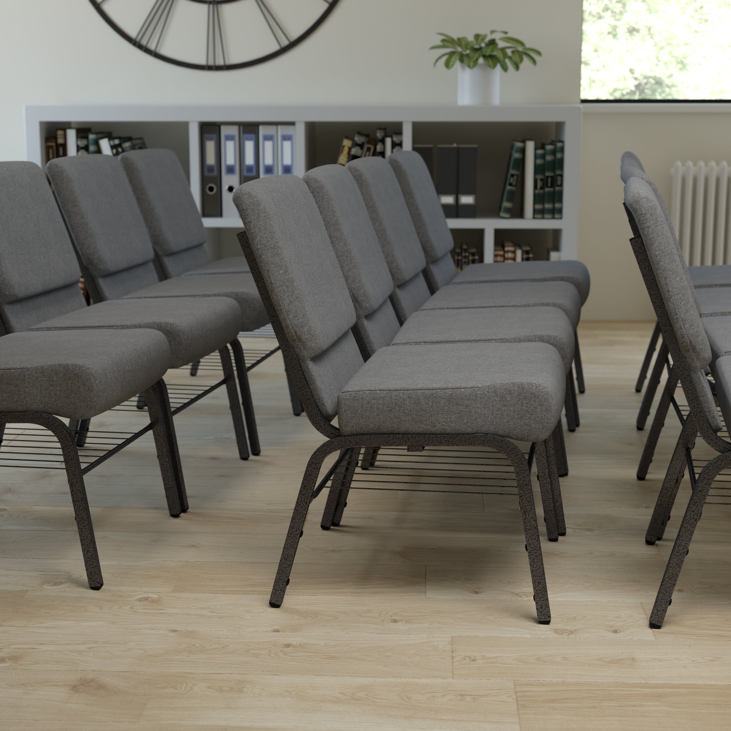 HERCULES Series 21''W Church Chair in Gray Fabric with Book Rack - Silver Vein Frame