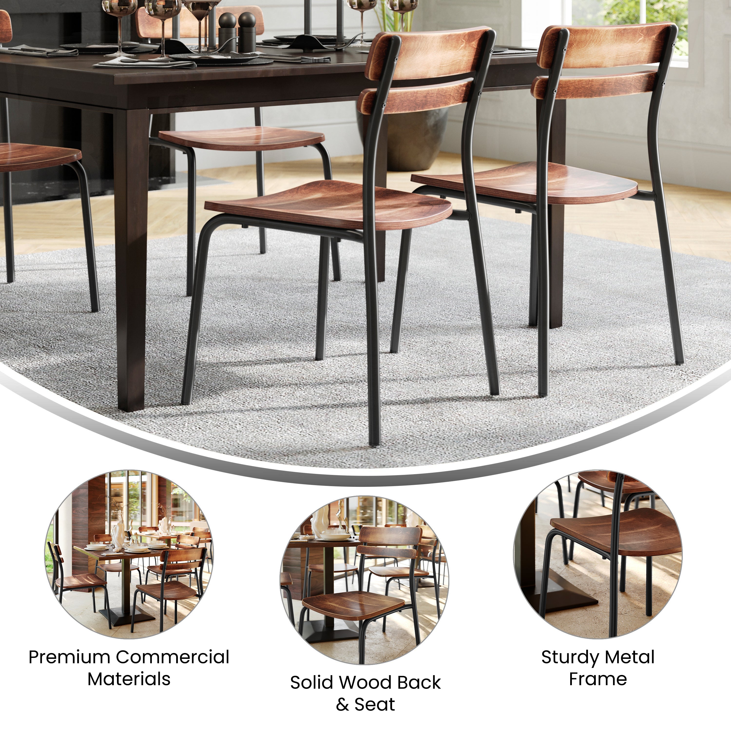 Cyprus Commercial Grade Solid Wood Dining Chair with Black Metal Frame and Antique Copper Finish