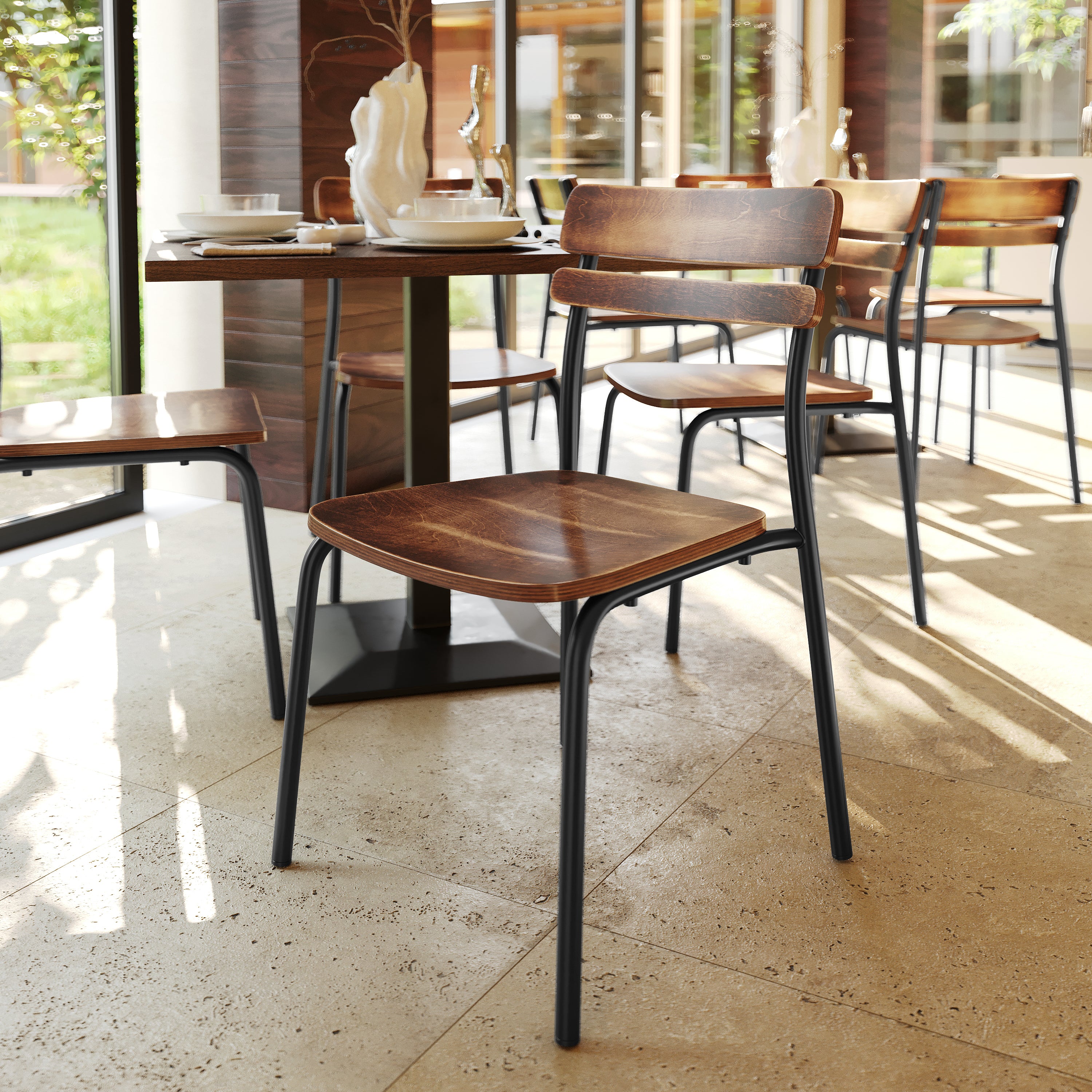 Cyprus Commercial Grade Solid Wood Dining Chair with Black Metal Frame and Antique Copper Finish