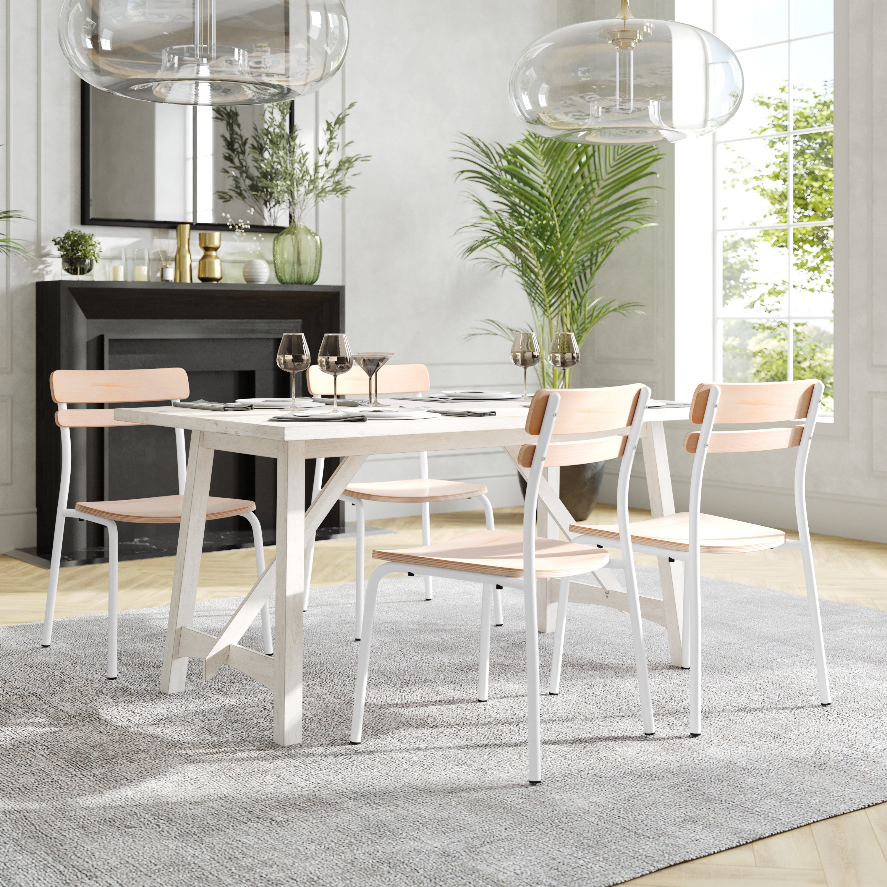 Cyprus Commercial Grade Solid Wood Dining Chair with White Metal Frame and Antique White Finish