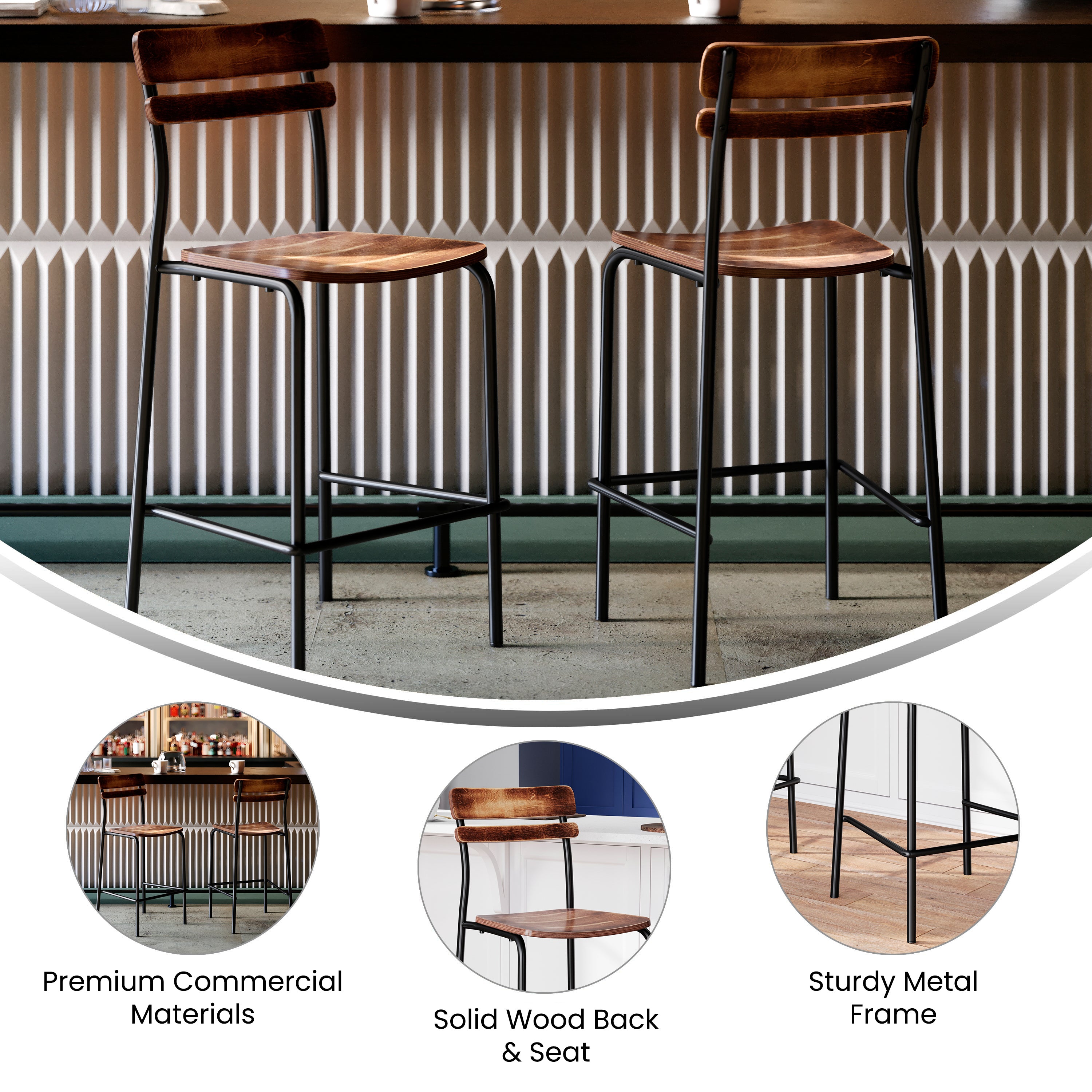 Cyprus Commercial Grade Solid Wood Bar Stool with Black Metal Frame and Antique Copper Finish