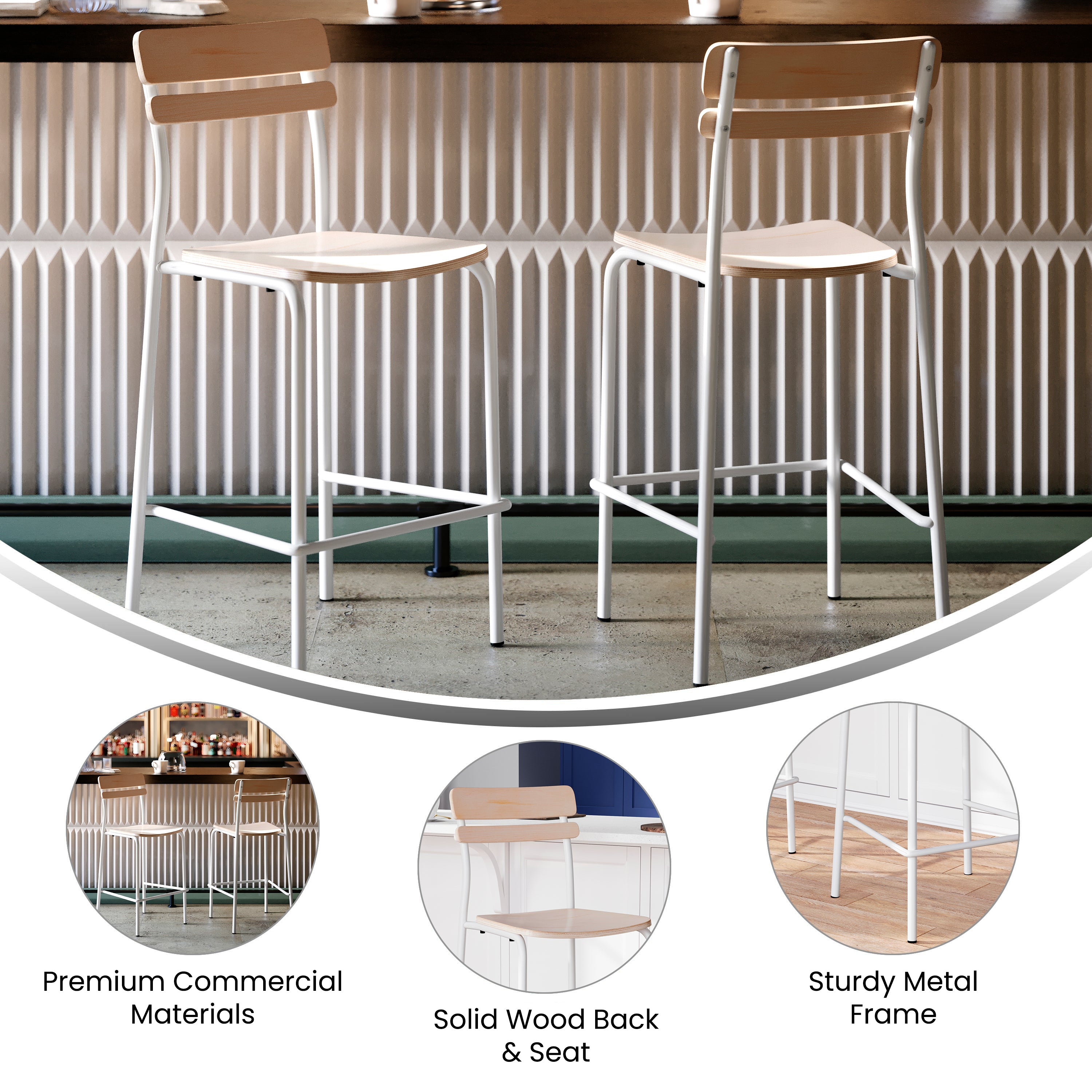 Cyprus Commercial Grade Solid Wood Bar Stool with White Metal Frame and Antique White Finish