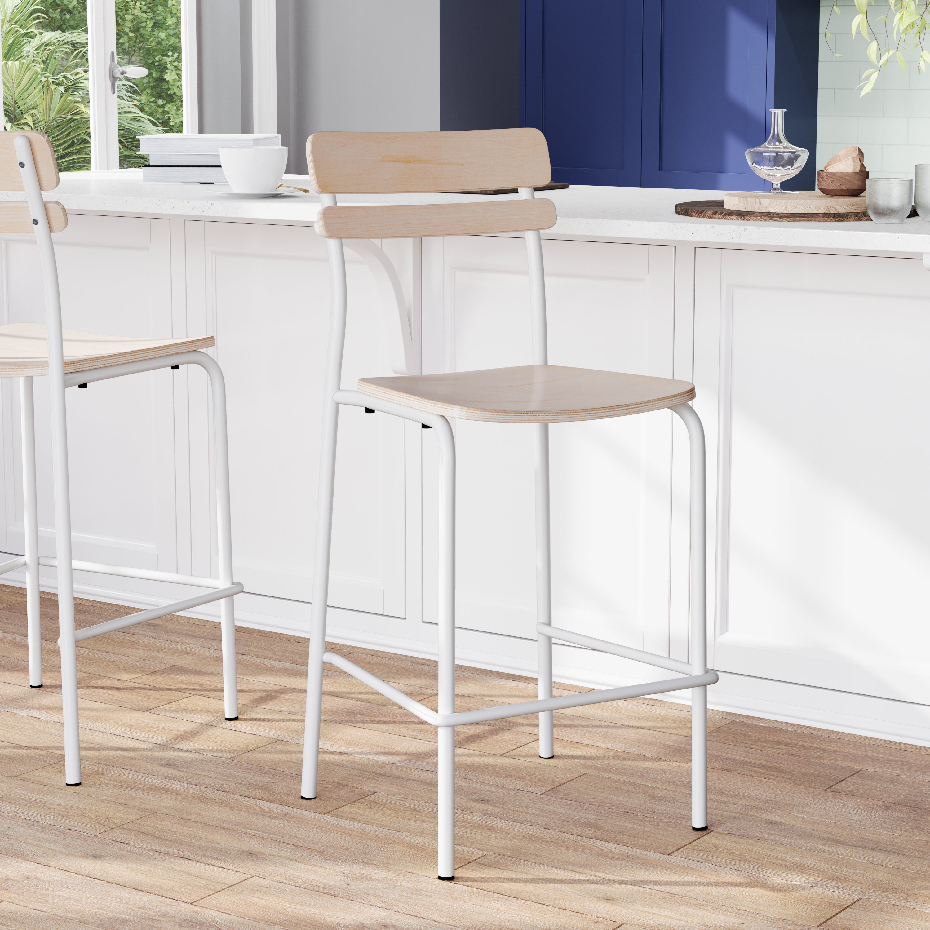 Cyprus Commercial Grade Solid Wood Bar Stool with White Metal Frame and Antique White Finish