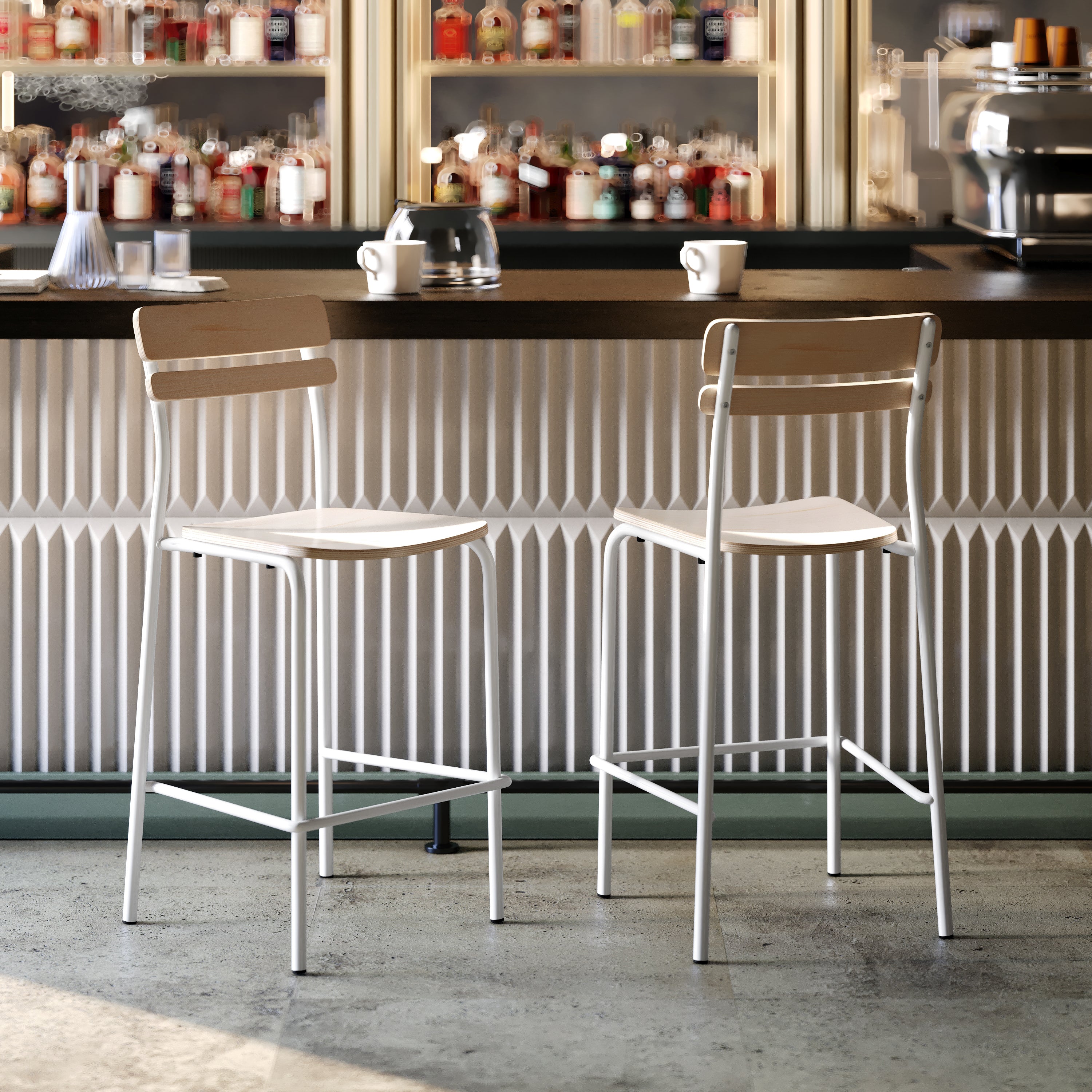 Cyprus Commercial Grade Solid Wood Bar Stool with White Metal Frame and Antique White Finish