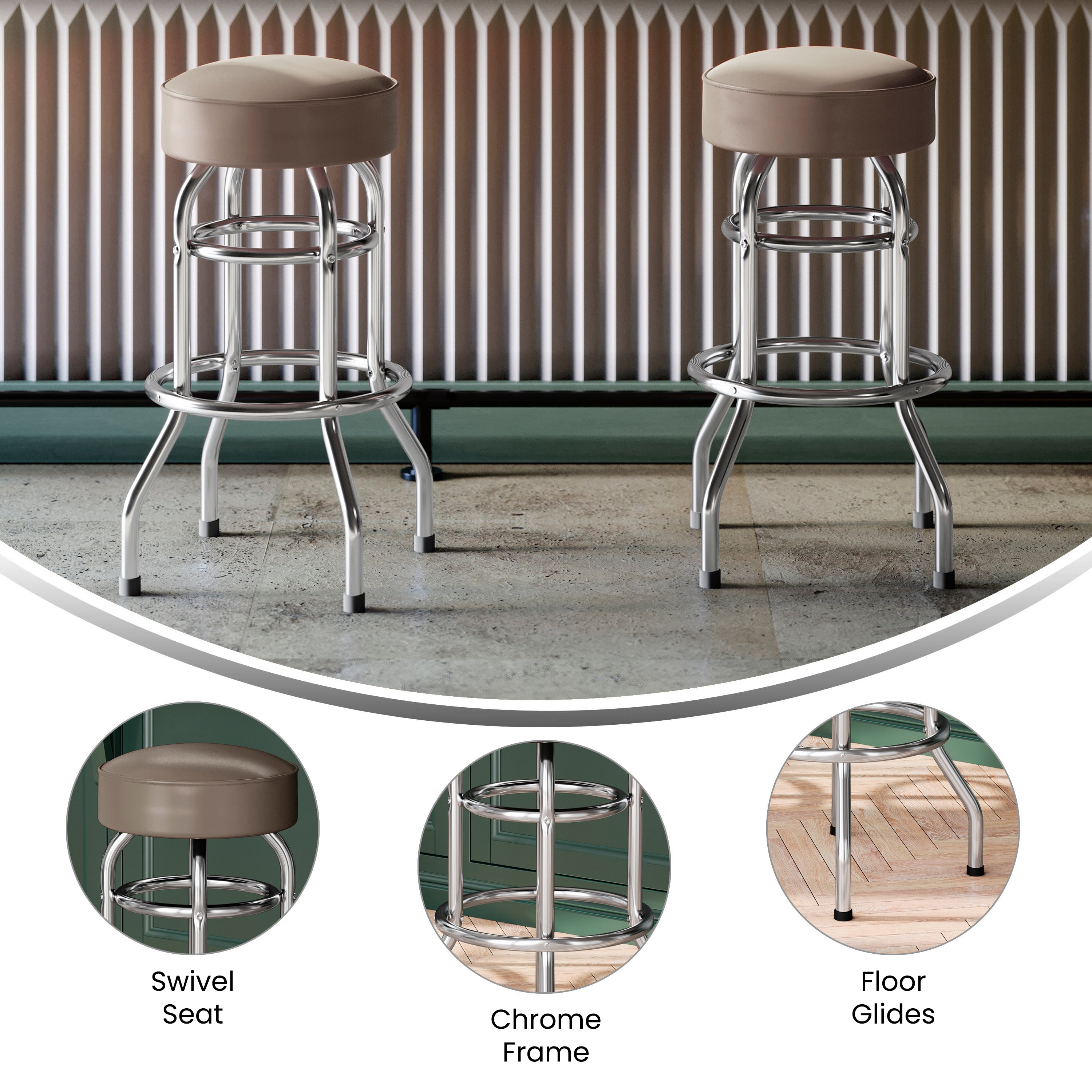 Bruno Double Ring Chrome Barstool with Beige Seat
