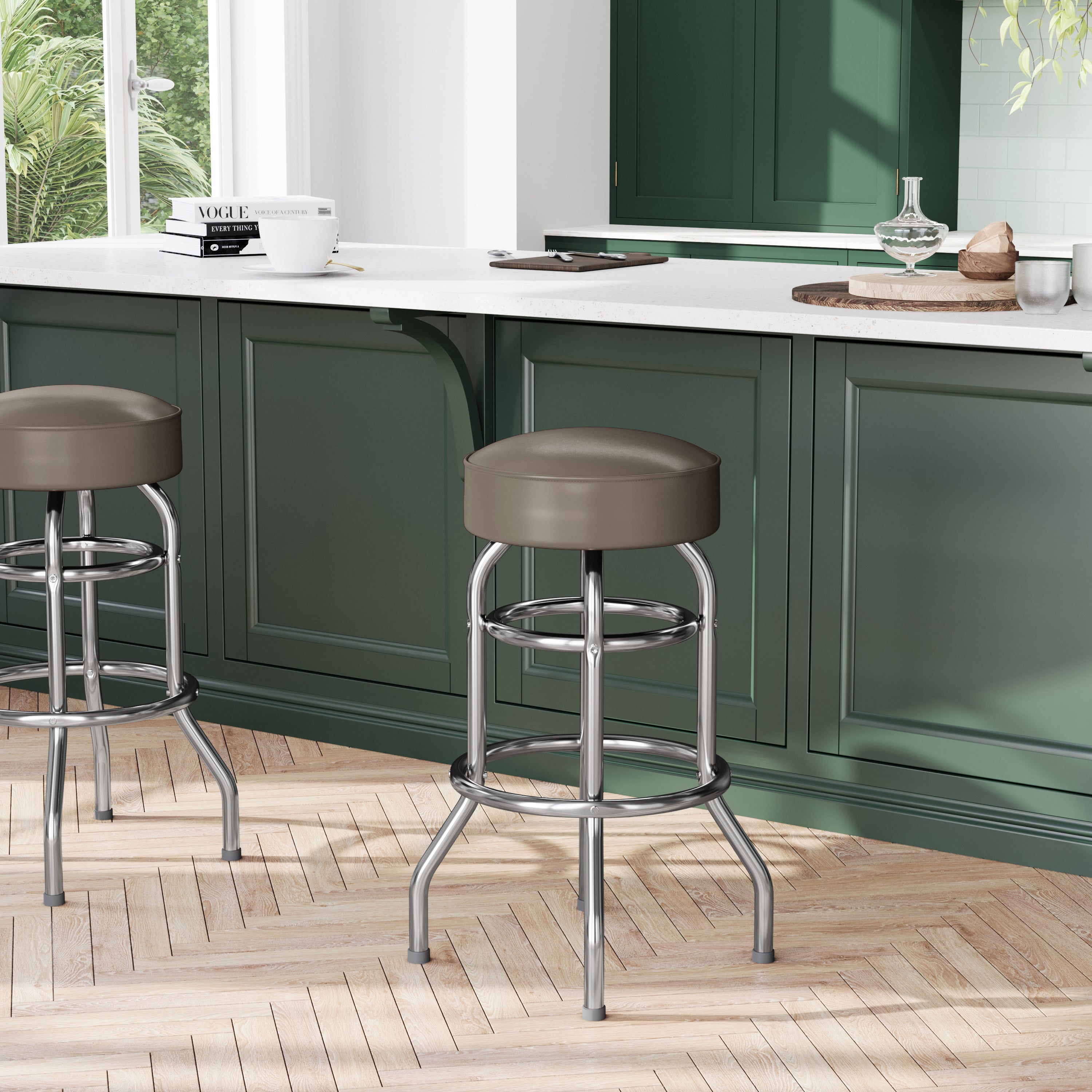 Bruno Double Ring Chrome Barstool with Beige Seat