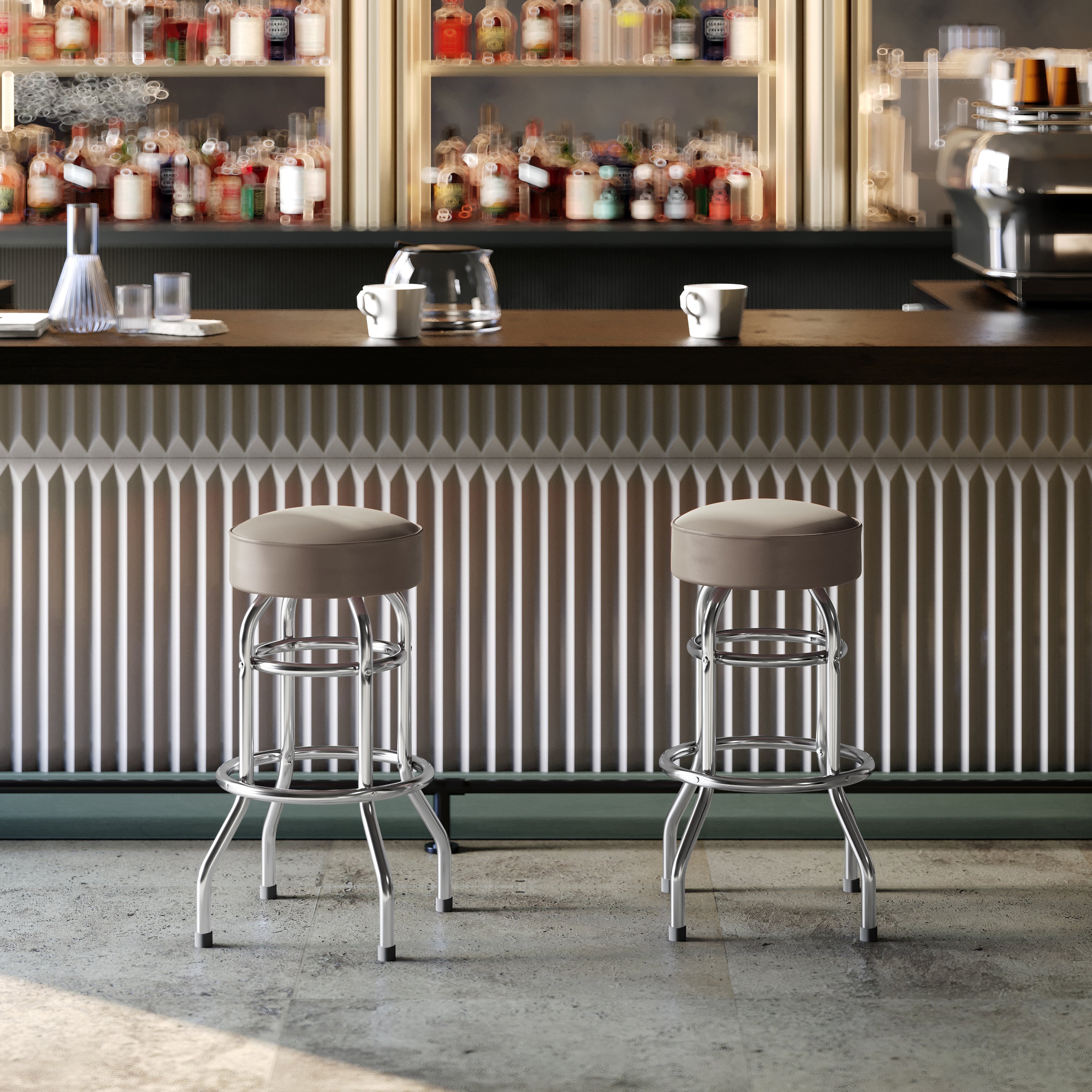 Bruno Double Ring Chrome Barstool with Beige Seat