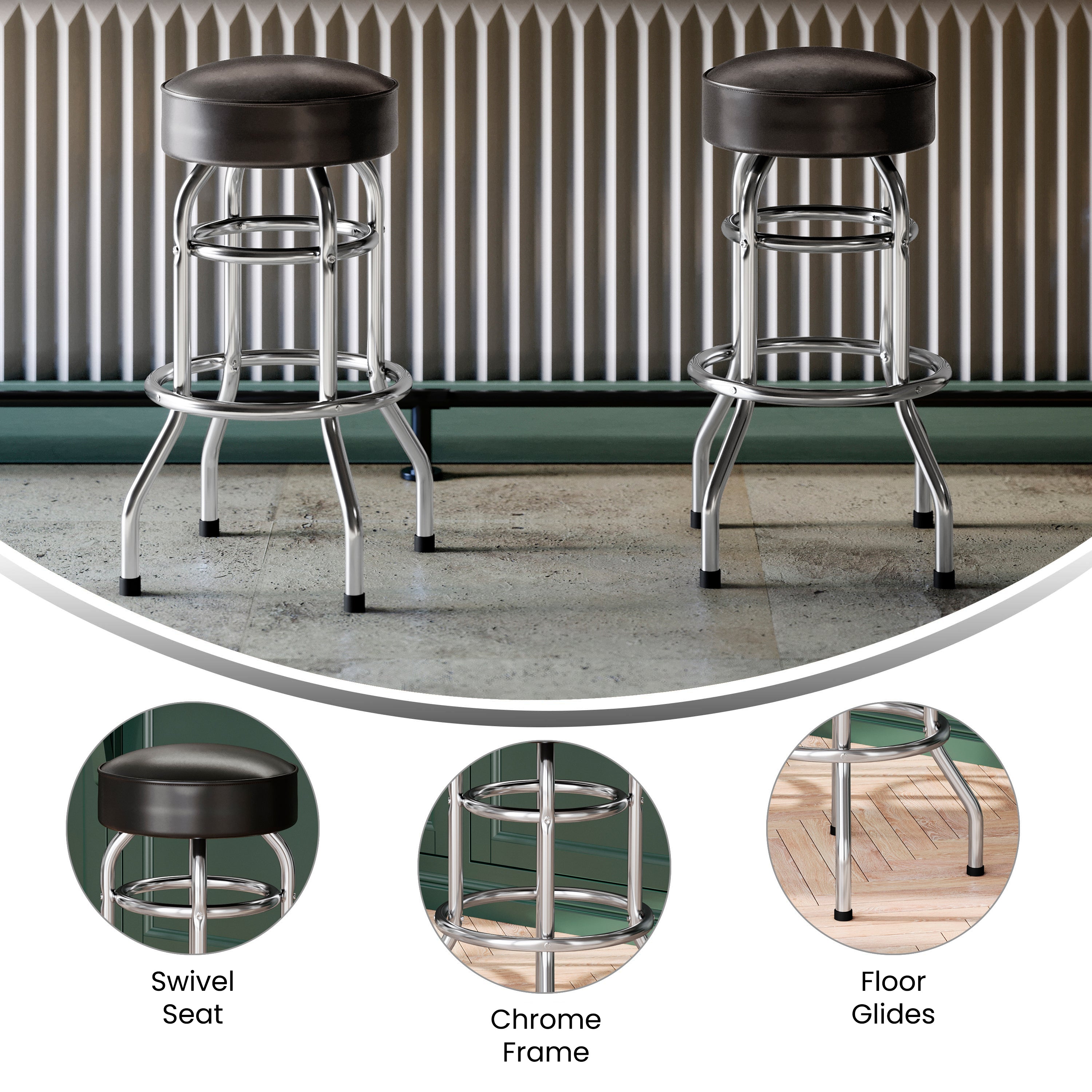 Bruno Double Ring Chrome Barstool with Dark Brown Seat