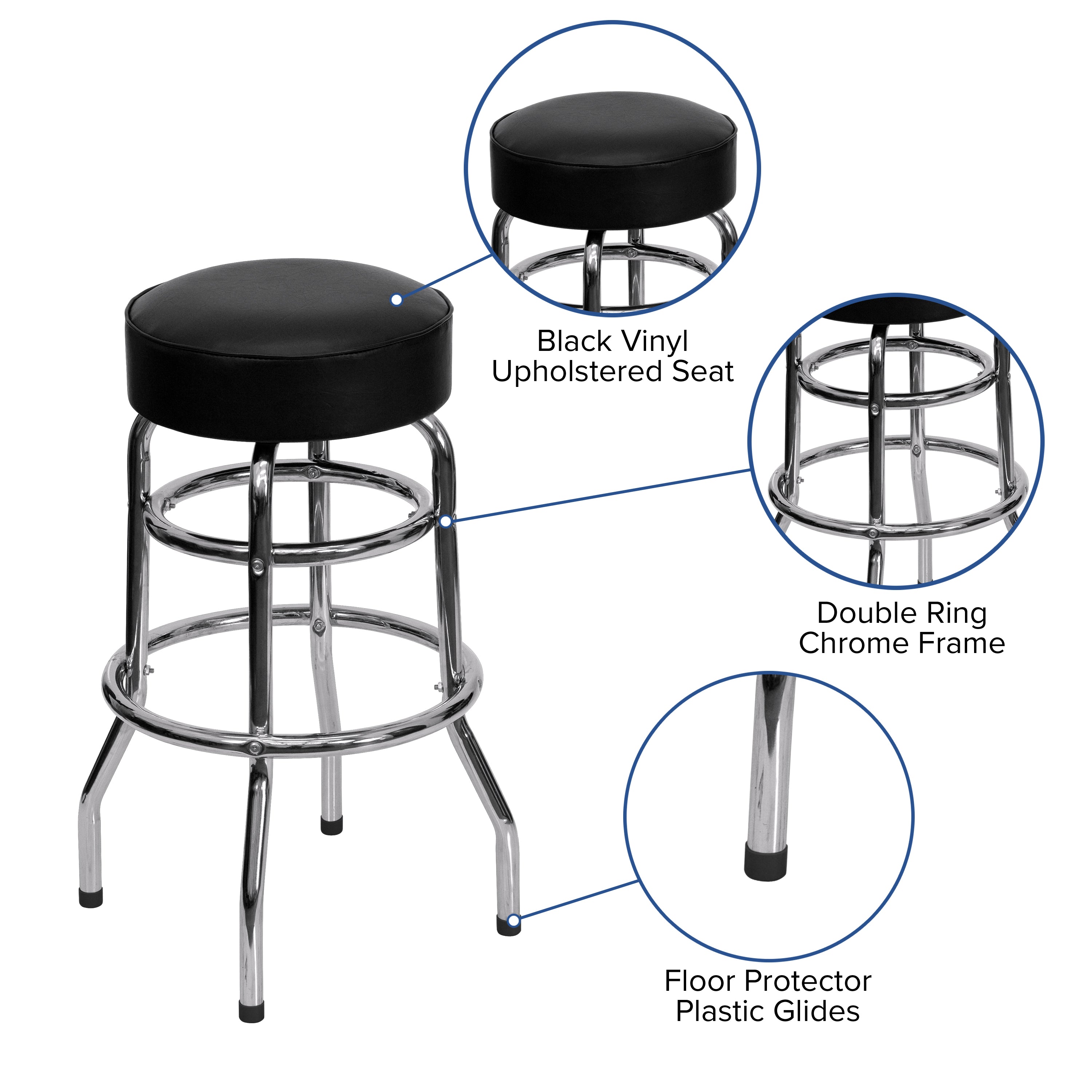 Bruno Double Ring Chrome Barstool with Black Seat