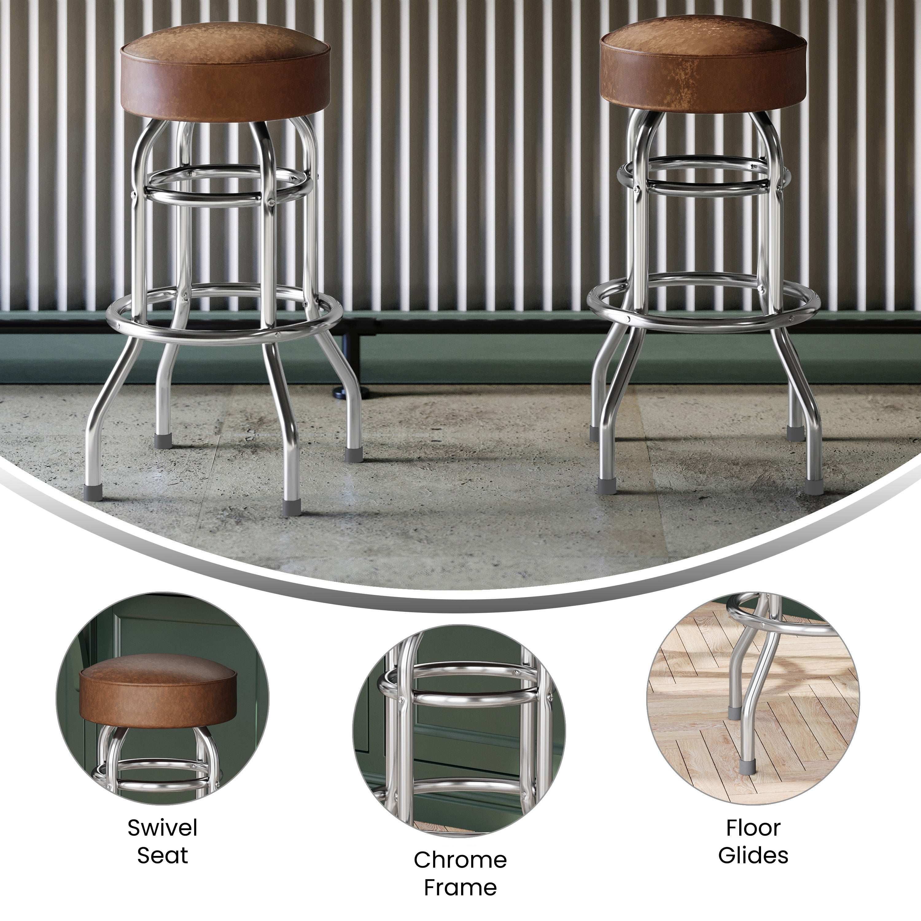 Bruno Double Ring Chrome Barstool with Weathered Brown Seat