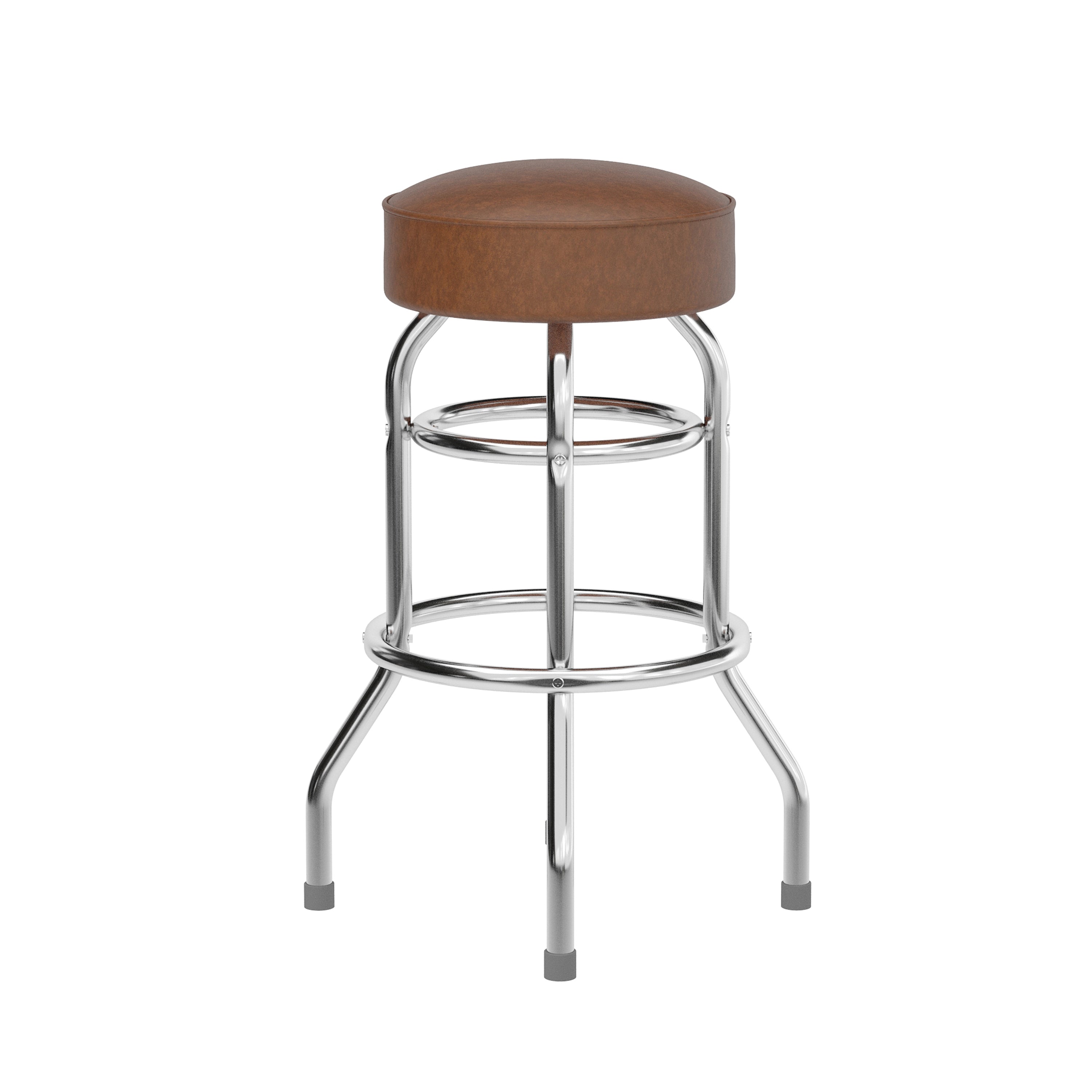 Bruno Double Ring Chrome Barstool with Weathered Brown Seat