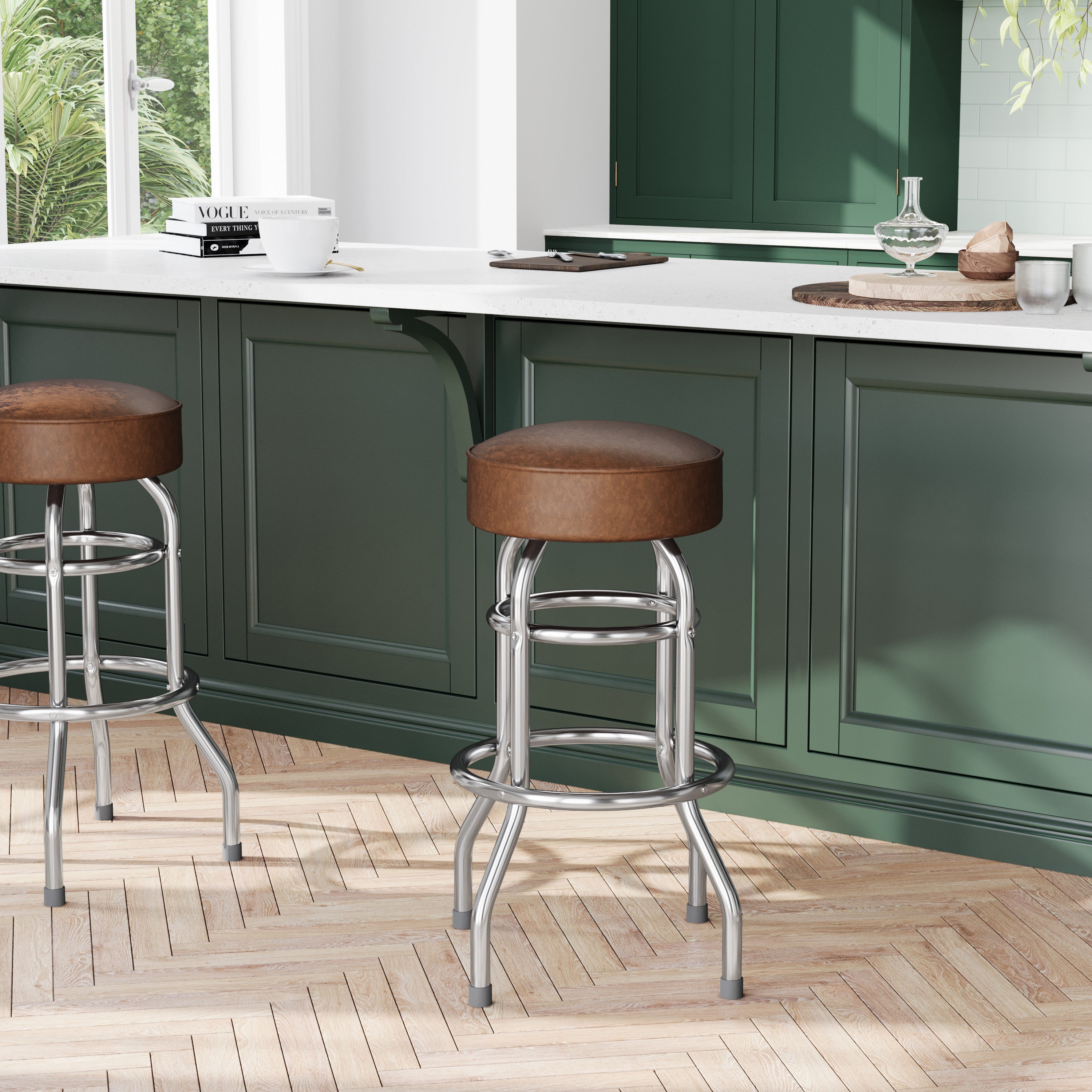Bruno Double Ring Chrome Barstool with Weathered Brown Seat