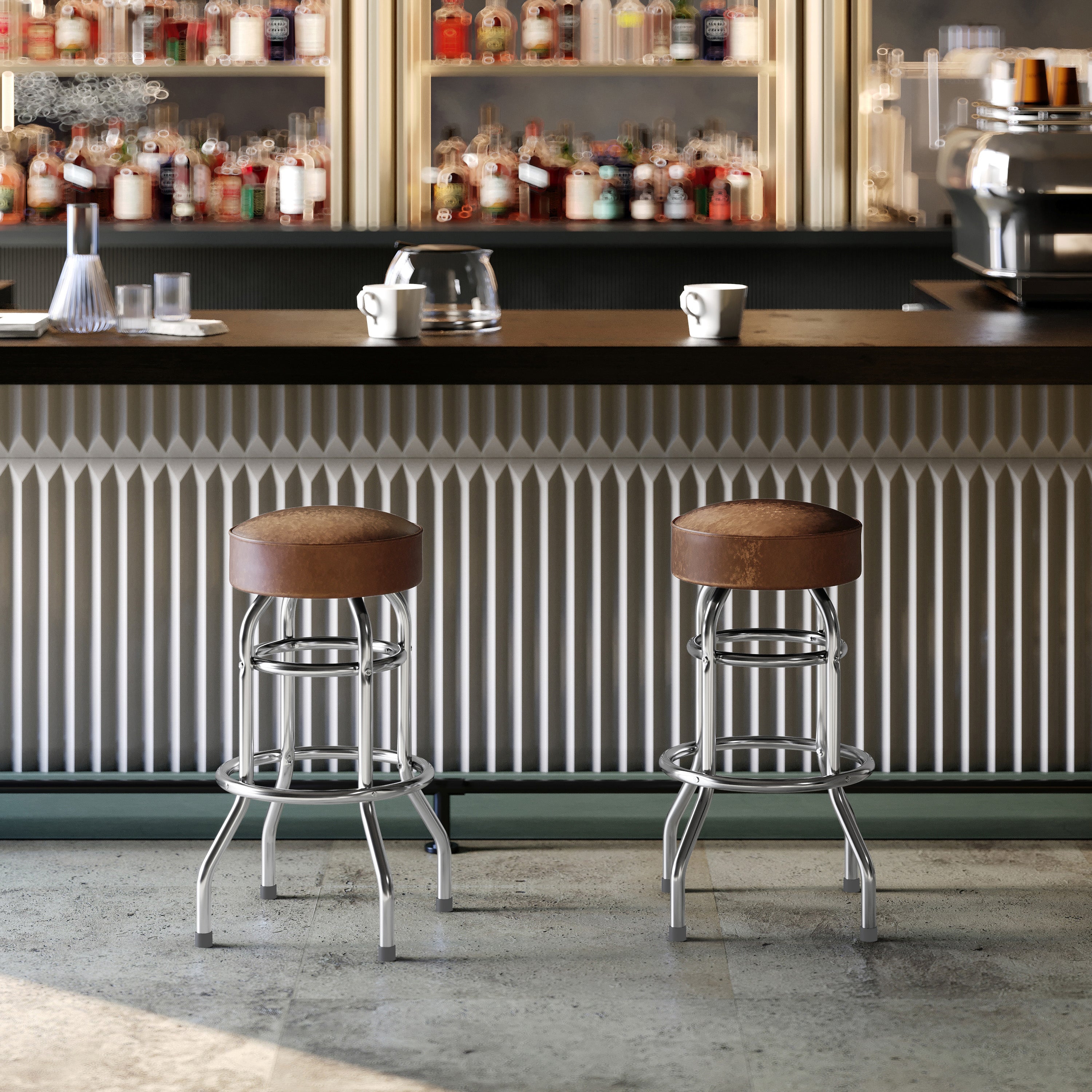 Bruno Double Ring Chrome Barstool with Weathered Brown Seat