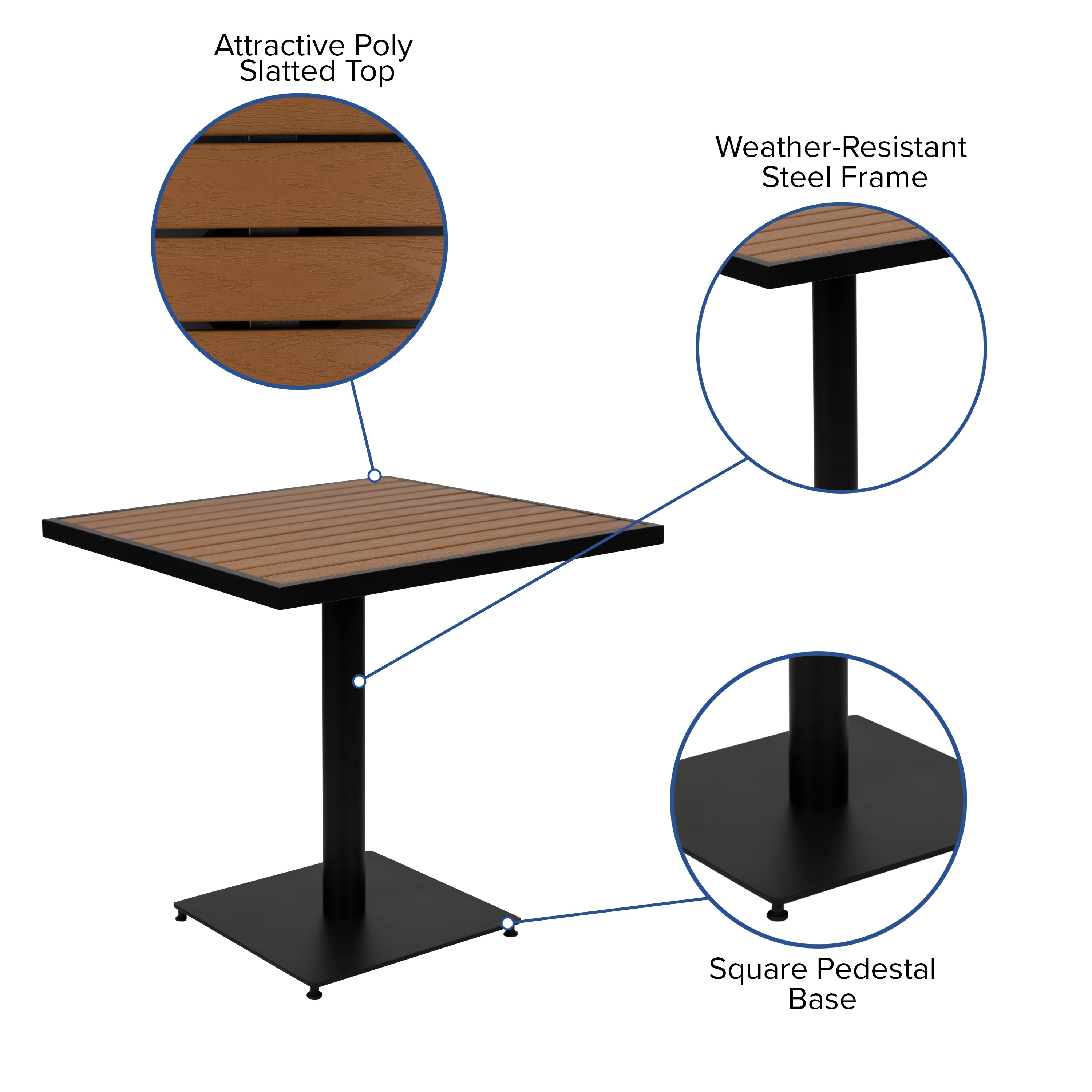 Lark Indoor/Outdoor 5 Piece Patio Dining Table Set - 30" Square Faux Teak Table & 4 Stacking Club Chairs with Teak Accented Arms