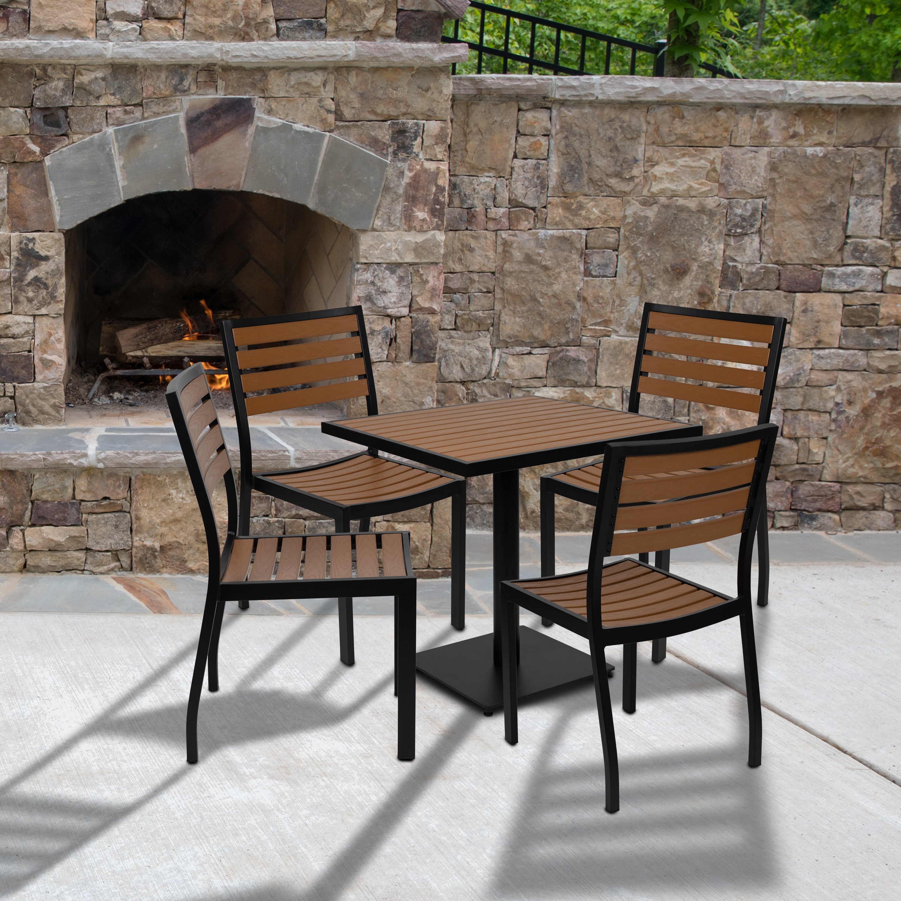 Lark Outdoor Patio Bistro Dining Table Set with 4 Chairs and Faux Teak Poly Slats