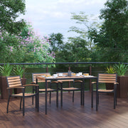 Lark 5 Piece Outdoor Dining Table Set - Synthetic Teak Poly Slats - 30" x 48" Steel Framed Table with Umbrella Hole-4 Club Chairs
