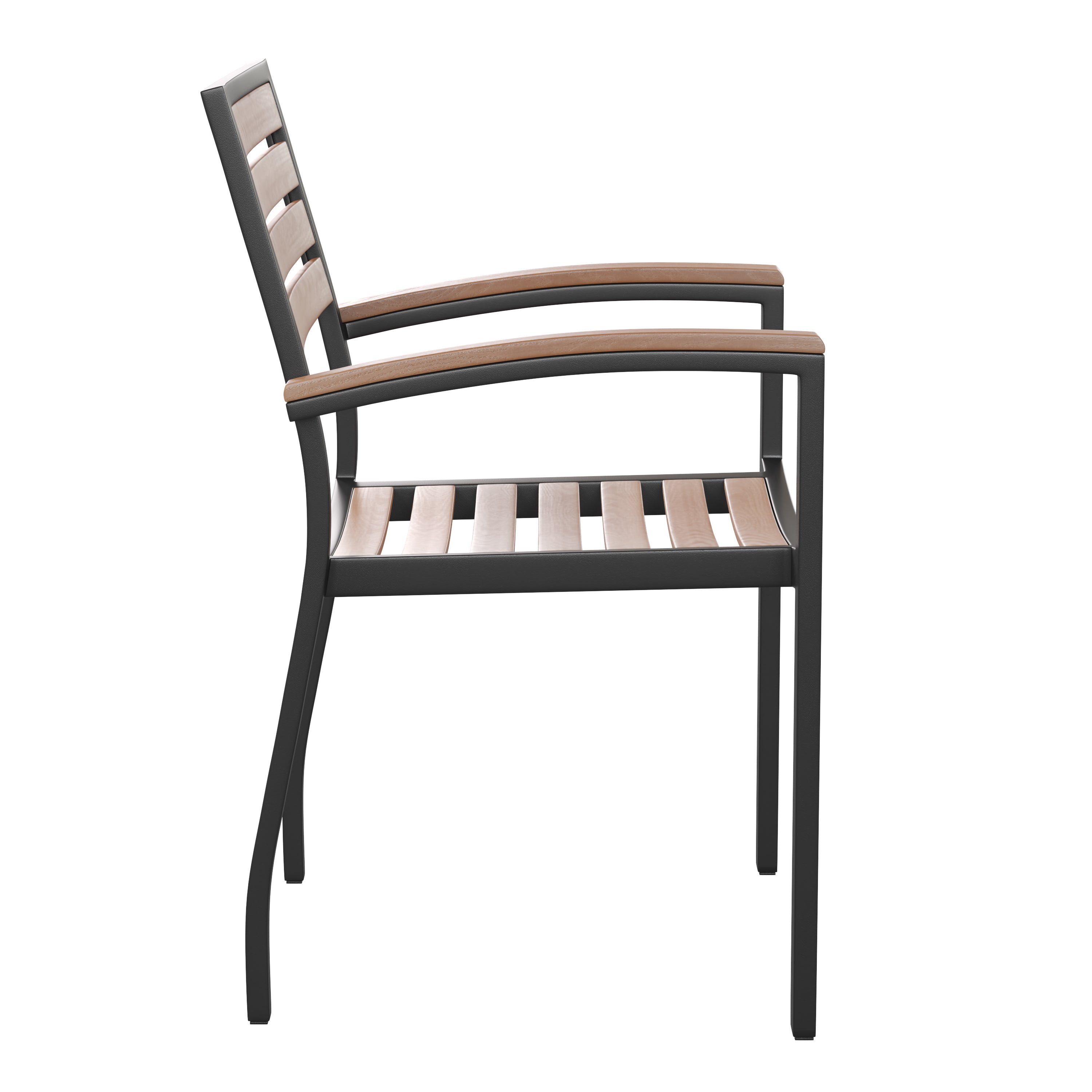 Lark 5 Piece Outdoor Dining Table Set - Synthetic Teak Poly Slats - 30" x 48" Steel Framed Table with Umbrella Hole-4 Club Chairs