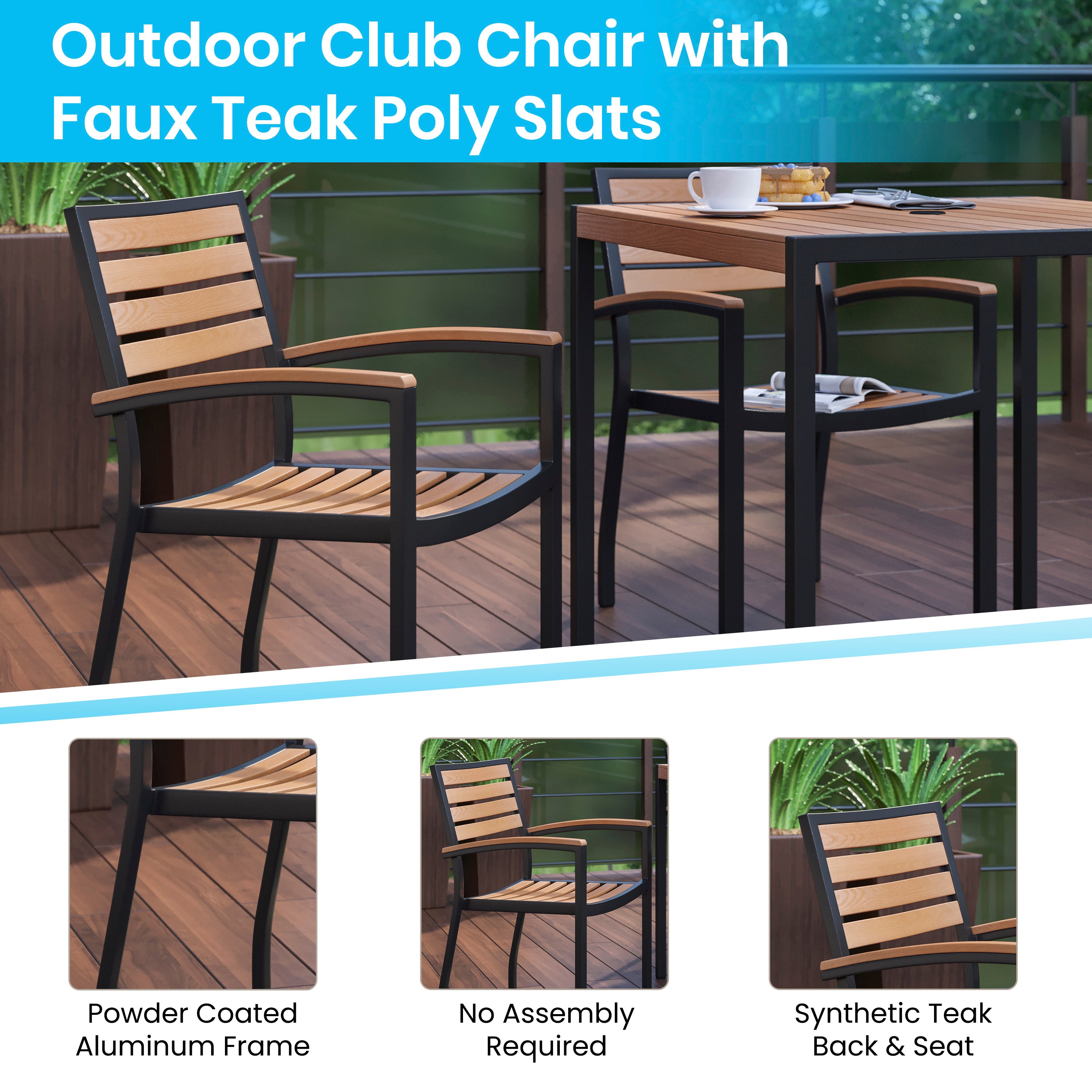 Lark 7 Piece Outdoor Patio Dining Table Set with 4 Synthetic Teak Stackable Chairs, 30" x 48" Table, Gray Umbrella & Base