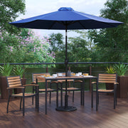 Lark 7 Piece Outdoor Patio Dining Table Set with 4 Synthetic Teak Stackable Chairs, 30" x 48" Table, Navy Umbrella & Base