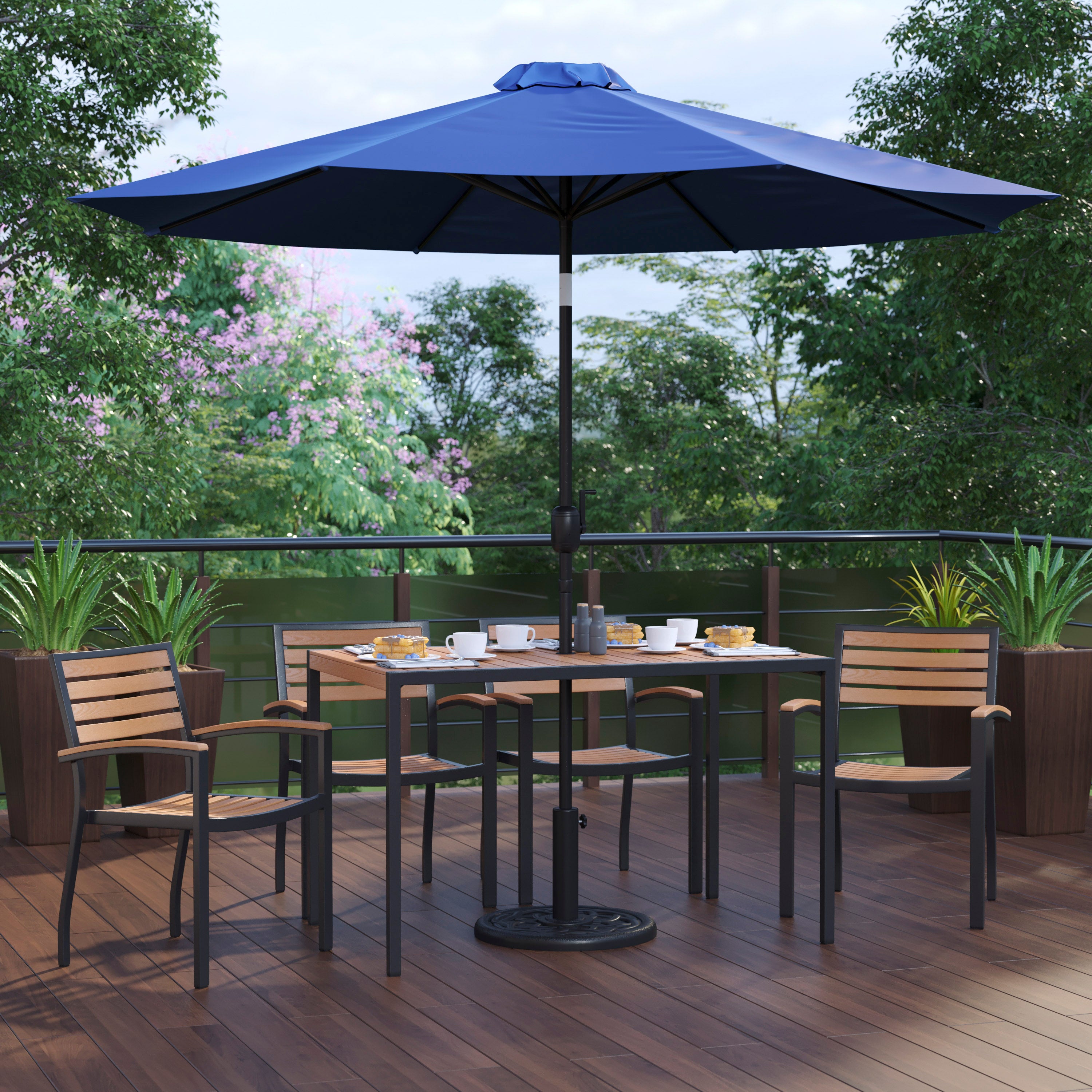 Lark 7 Piece Outdoor Patio Dining Table Set with 4 Synthetic Teak Stackable Chairs, 30" x 48" Table, Navy Umbrella & Base