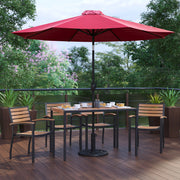 Lark 7 Piece Outdoor Patio Dining Table Set with 4 Synthetic Teak Stackable Chairs, 30" x 48" Table, Red Umbrella & Base