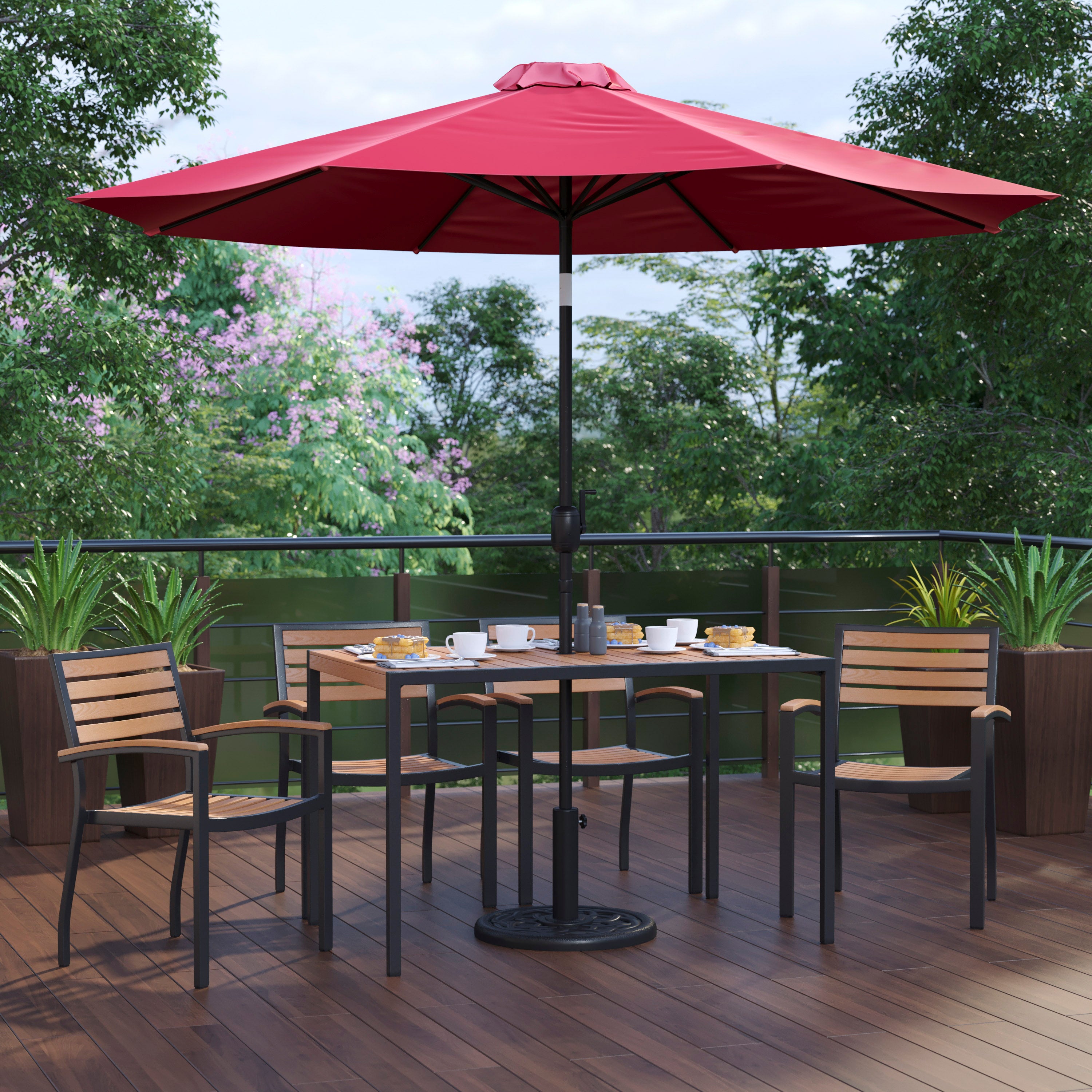 Lark 7 Piece Outdoor Patio Dining Table Set with 4 Synthetic Teak Stackable Chairs, 30" x 48" Table, Red Umbrella & Base