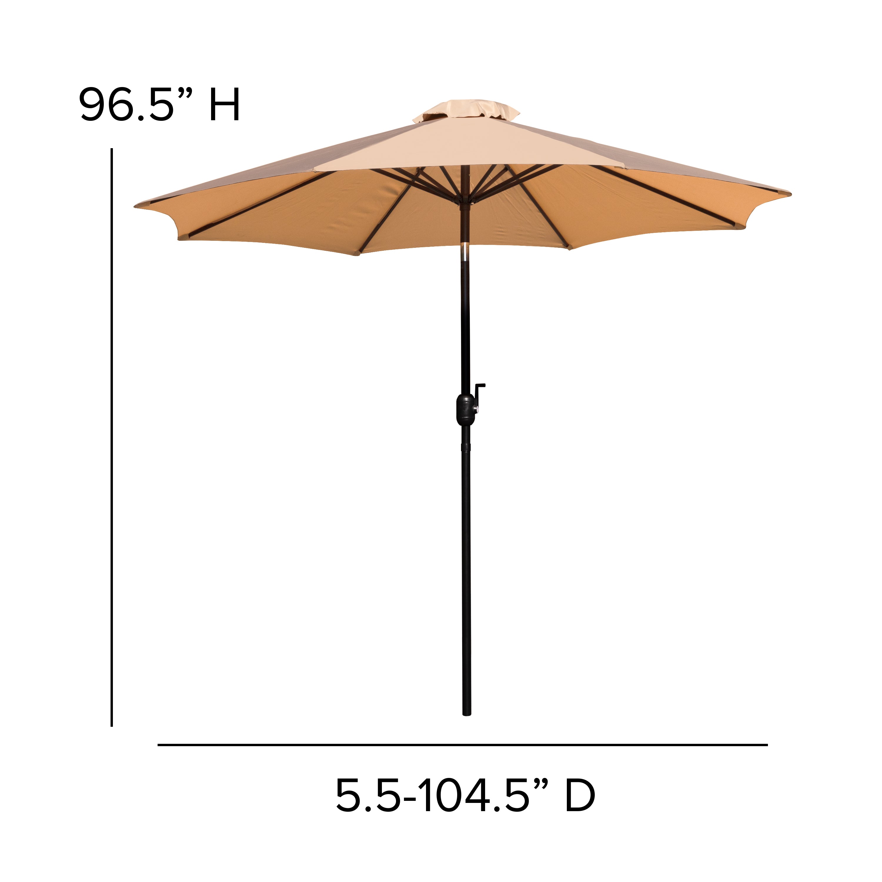 Lark 7 Piece Outdoor Patio Dining Table Set with 4 Synthetic Teak Stackable Chairs, 30" x 48" Table, Tan Umbrella & Base