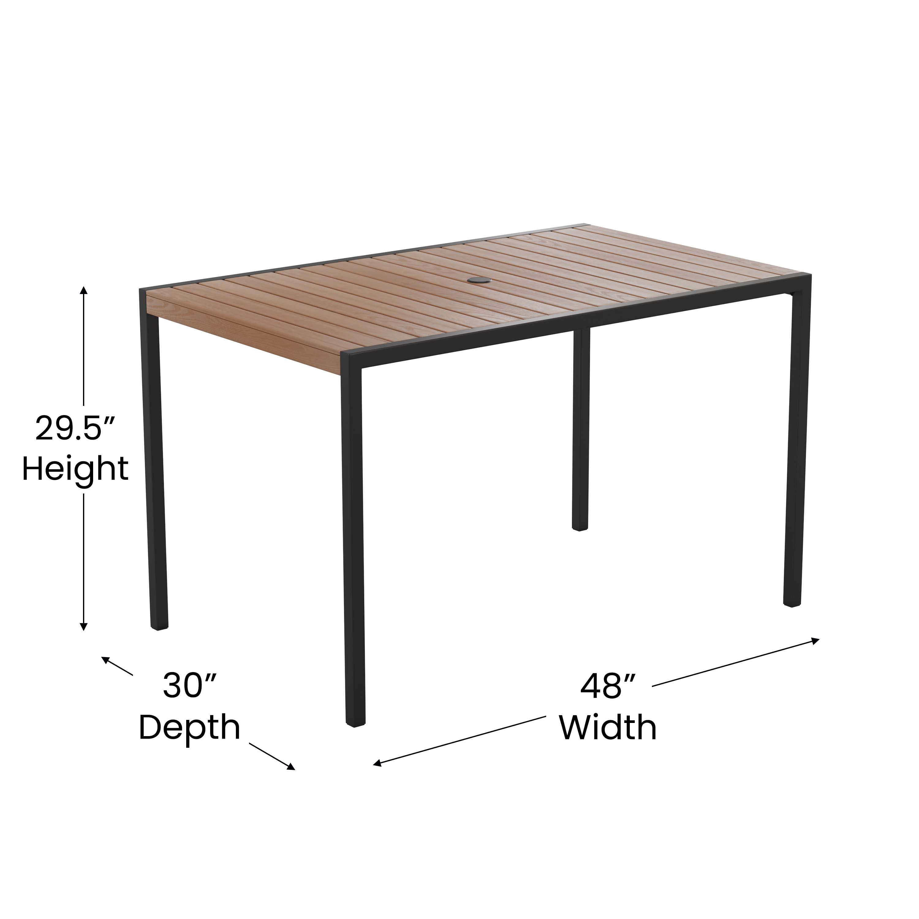 Lark 5 Piece Patio Table Set - Synthetic Teak Poly Slats - 30" x 48" Steel Framed Table with 4 Stackable Faux Teak Chairs