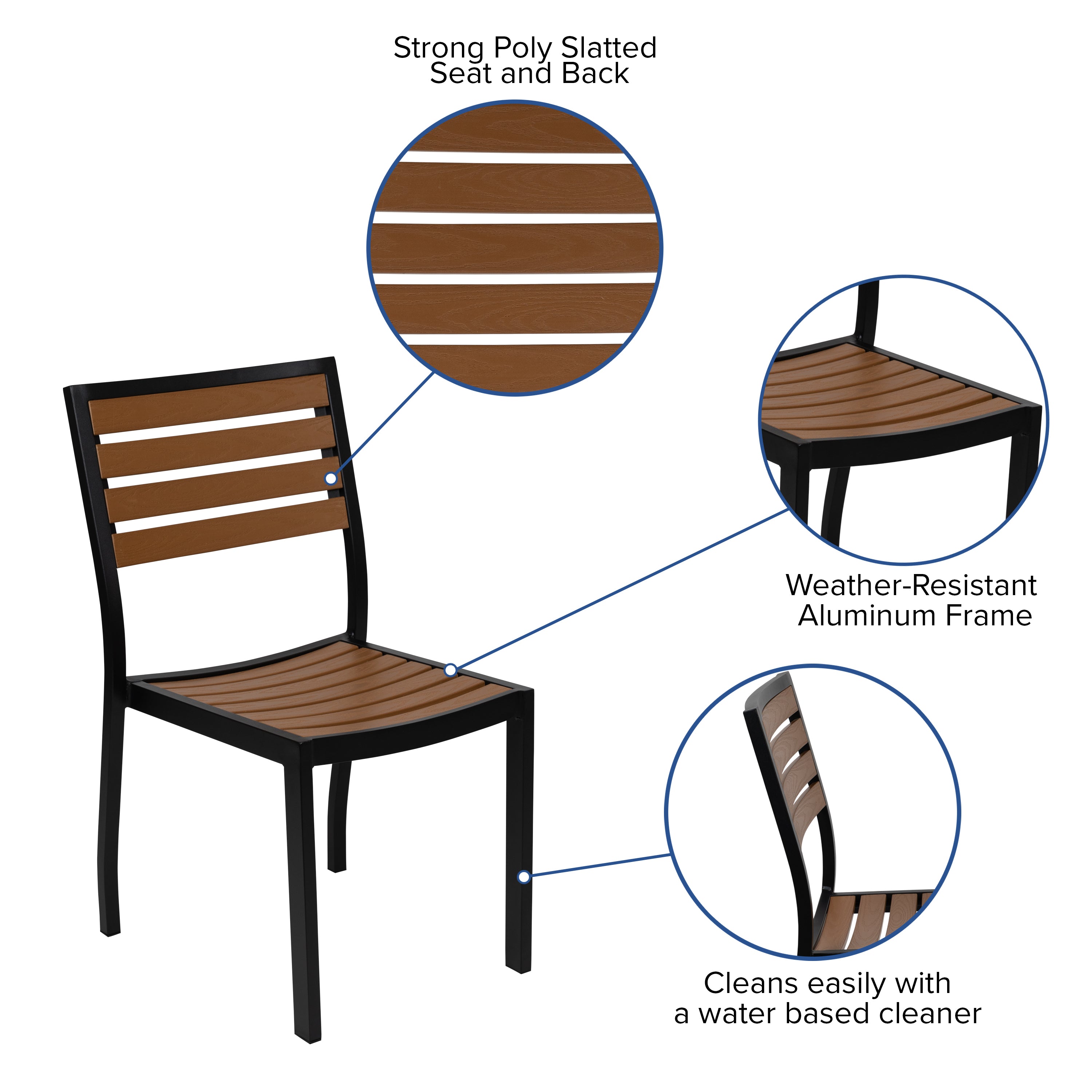 Lark 5 Piece Patio Table Set - Synthetic Teak Poly Slats - 30" x 48" Steel Framed Table with 4 Stackable Faux Teak Chairs