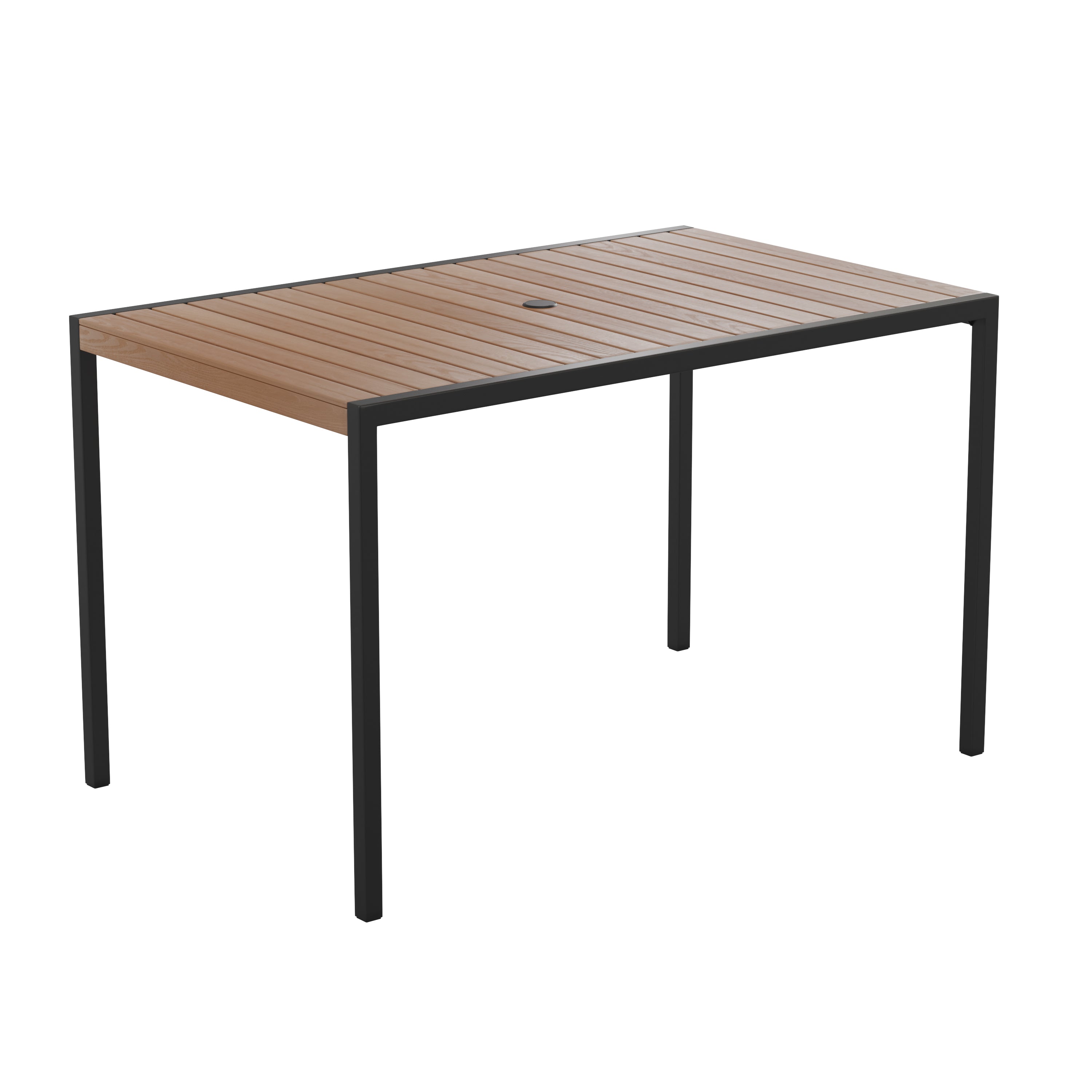 Lark 5 Piece Patio Table Set - Synthetic Teak Poly Slats - 30" x 48" Steel Framed Table with 4 Stackable Faux Teak Chairs