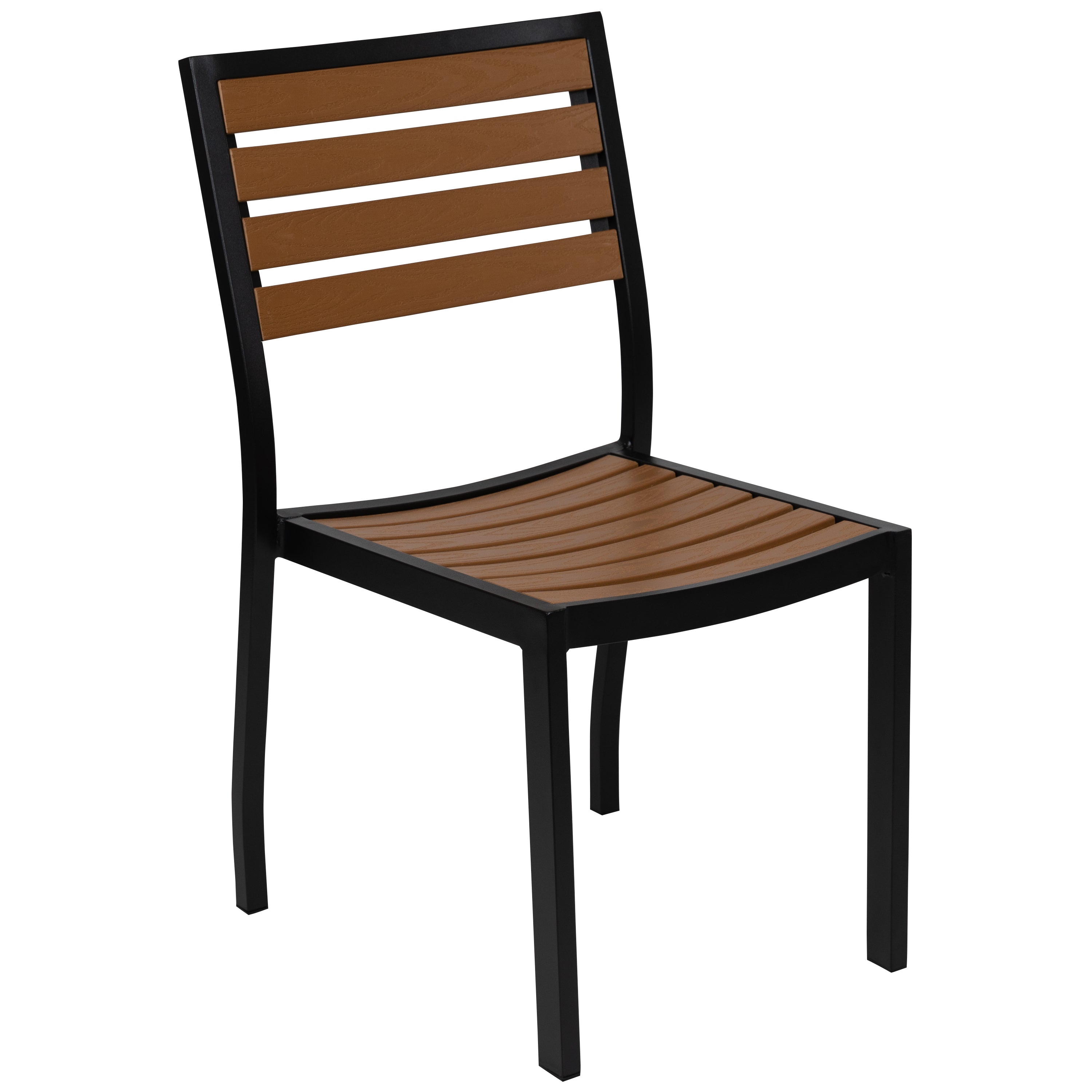 Lark 5 Piece Patio Table Set - Synthetic Teak Poly Slats - 30" x 48" Steel Framed Table with 4 Stackable Faux Teak Chairs