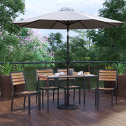 Lark 7 Piece All-Weather Deck or Patio Set - 4 Stacking Faux Teak Chairs, 30" x 48" Faux Teak Table, Gray Umbrella & Base
