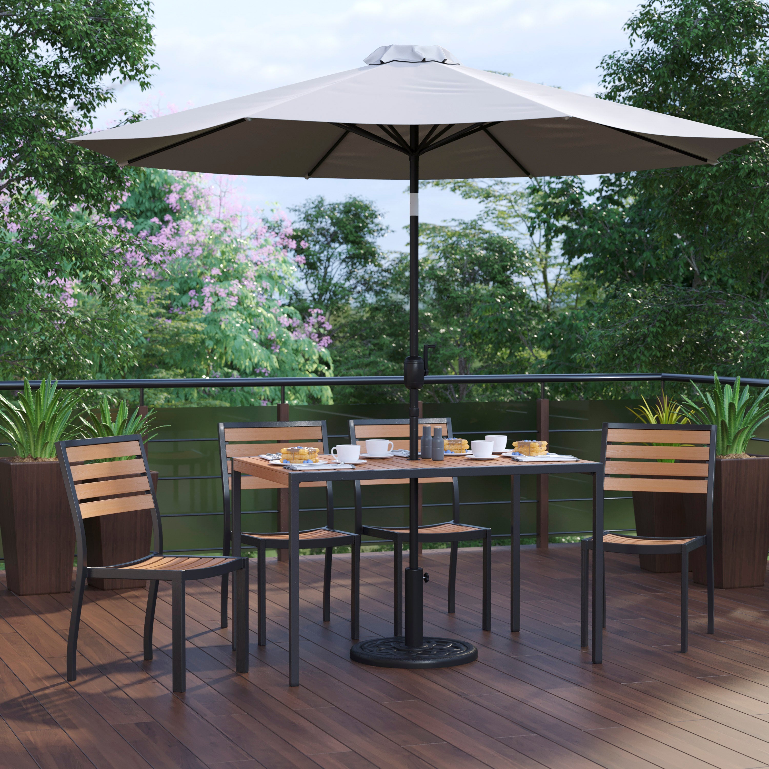 Lark 7 Piece All-Weather Deck or Patio Set - 4 Stacking Faux Teak Chairs, 30" x 48" Faux Teak Table, Gray Umbrella & Base