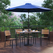 Lark 7 Piece All-Weather Deck or Patio Set - 4 Stacking Faux Teak Chairs, 30" x 48" Faux Teak Table, Navy Umbrella & Base