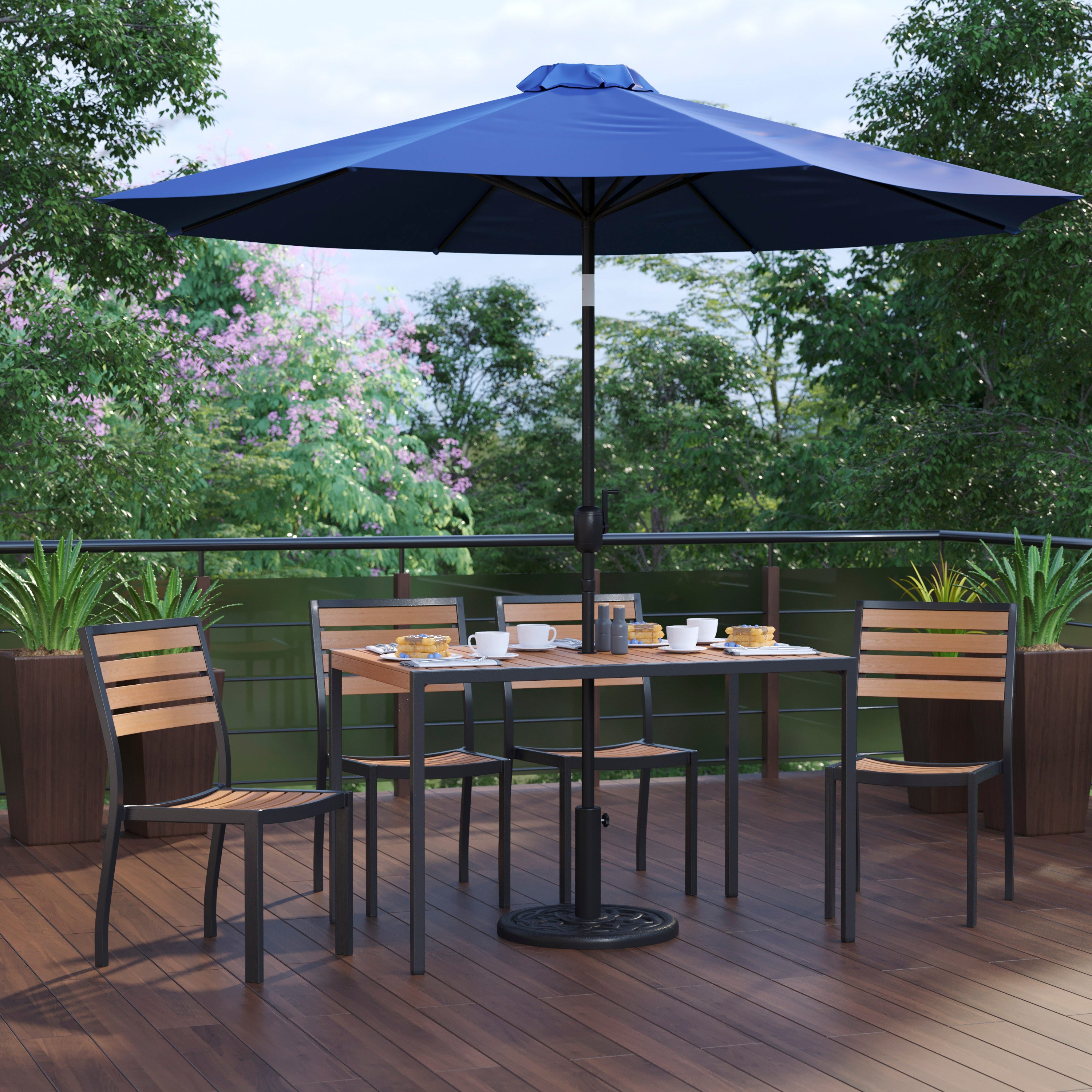 Lark 7 Piece All-Weather Deck or Patio Set - 4 Stacking Faux Teak Chairs, 30" x 48" Faux Teak Table, Navy Umbrella & Base