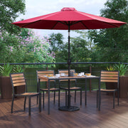 Lark 7 Piece All-Weather Deck or Patio Set - 4 Stacking Faux Teak Chairs, 30" x 48" Faux Teak Table, Red Umbrella & Base