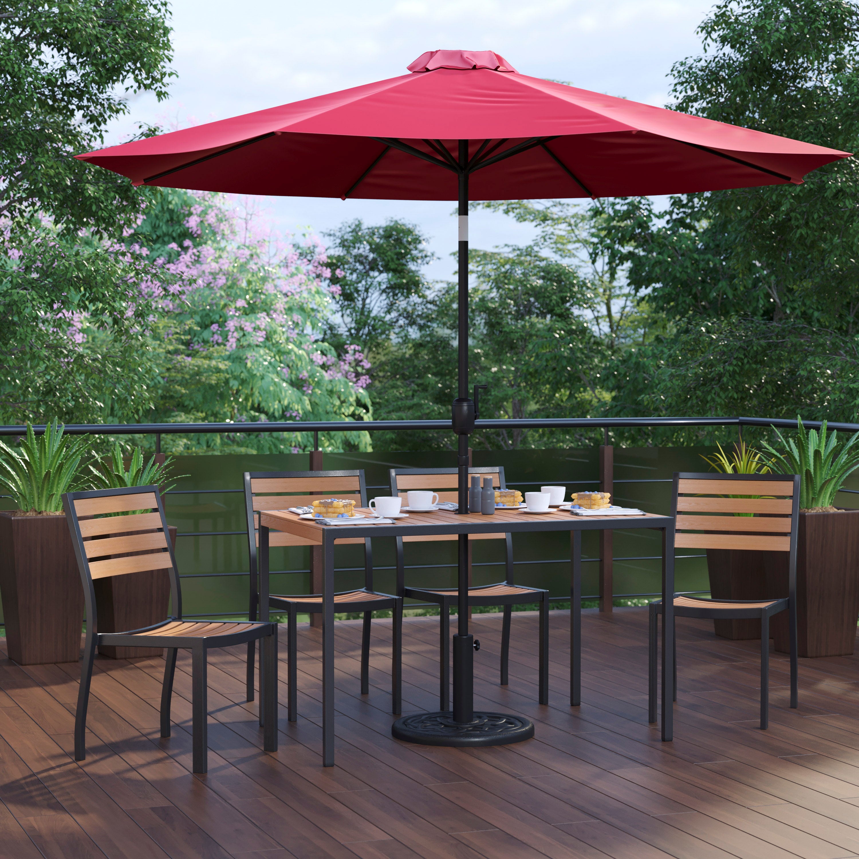 Lark 7 Piece All-Weather Deck or Patio Set - 4 Stacking Faux Teak Chairs, 30" x 48" Faux Teak Table, Red Umbrella & Base
