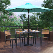 Lark 7 Piece All-Weather Deck or Patio Set - 4 Stacking Faux Teak Chairs, 30" x 48" Faux Teak Table, Teal Umbrella & Base