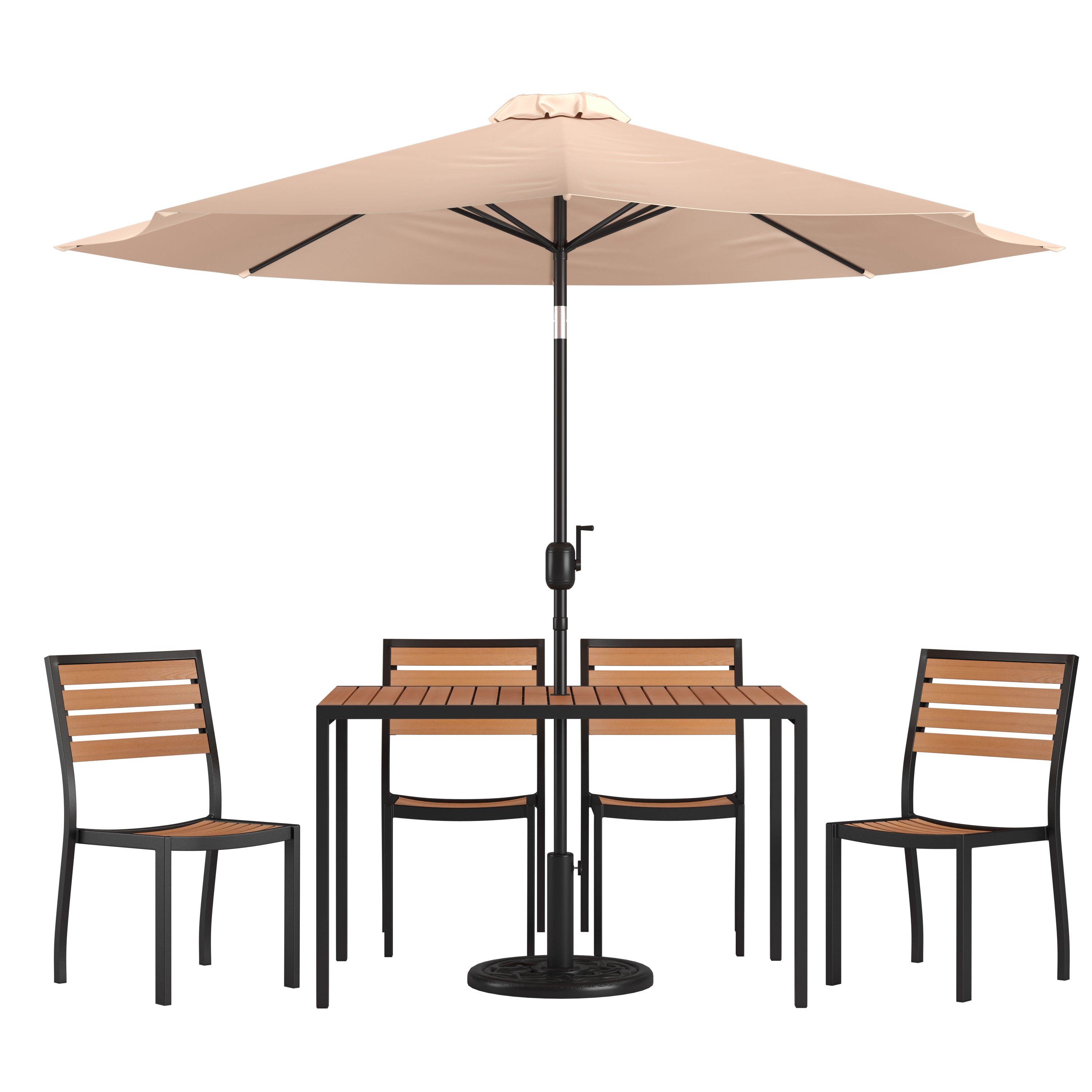 Lark 7 Piece All-Weather Deck or Patio Set - 4 Stacking Faux Teak Chairs, 30" x 48" Faux Teak Table, Tan Umbrella & Base