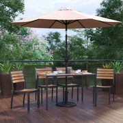 Lark 7 Piece All-Weather Deck or Patio Set - 4 Stacking Faux Teak Chairs, 30" x 48" Faux Teak Table, Tan Umbrella & Base