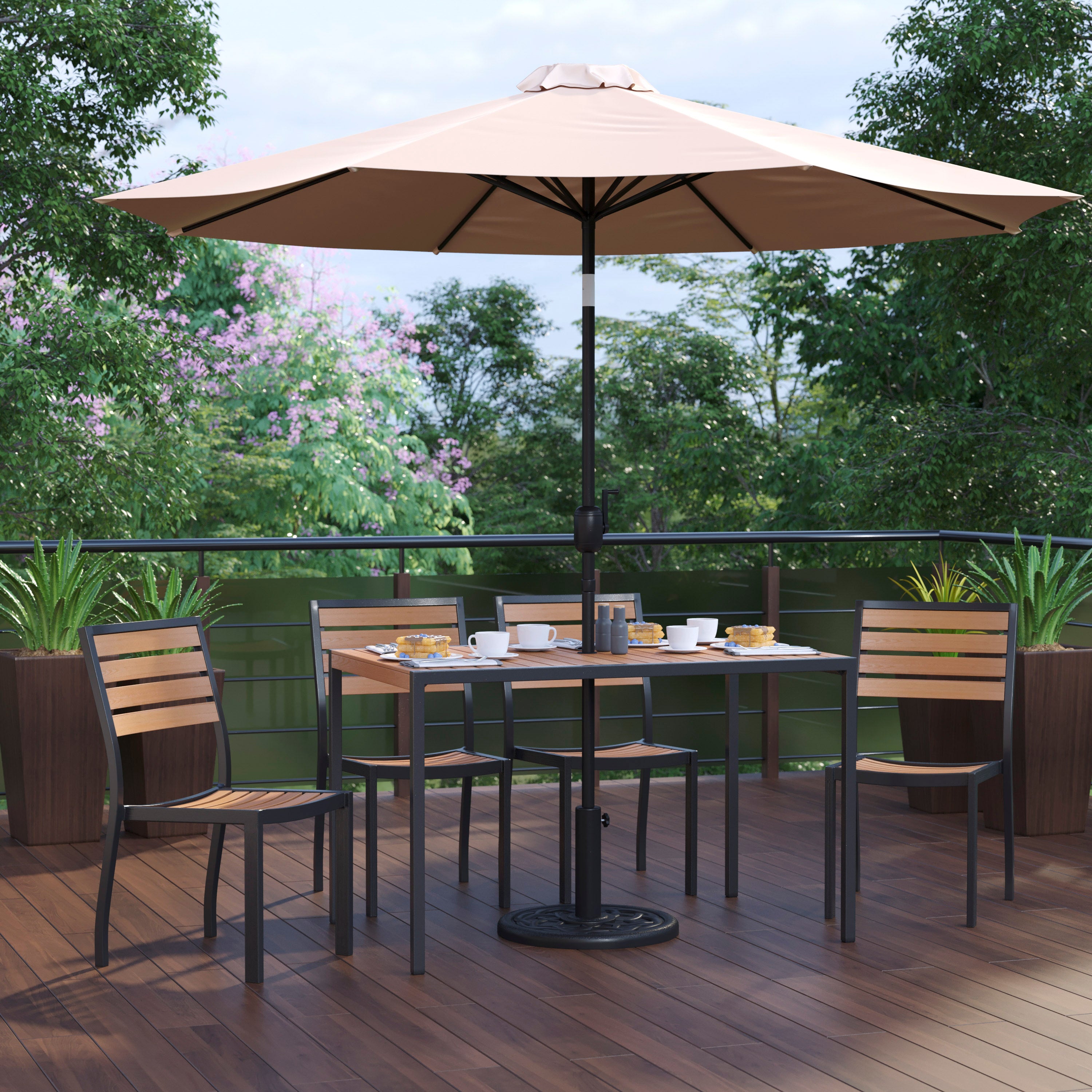 Lark 7 Piece All-Weather Deck or Patio Set - 4 Stacking Faux Teak Chairs, 30" x 48" Faux Teak Table, Tan Umbrella & Base