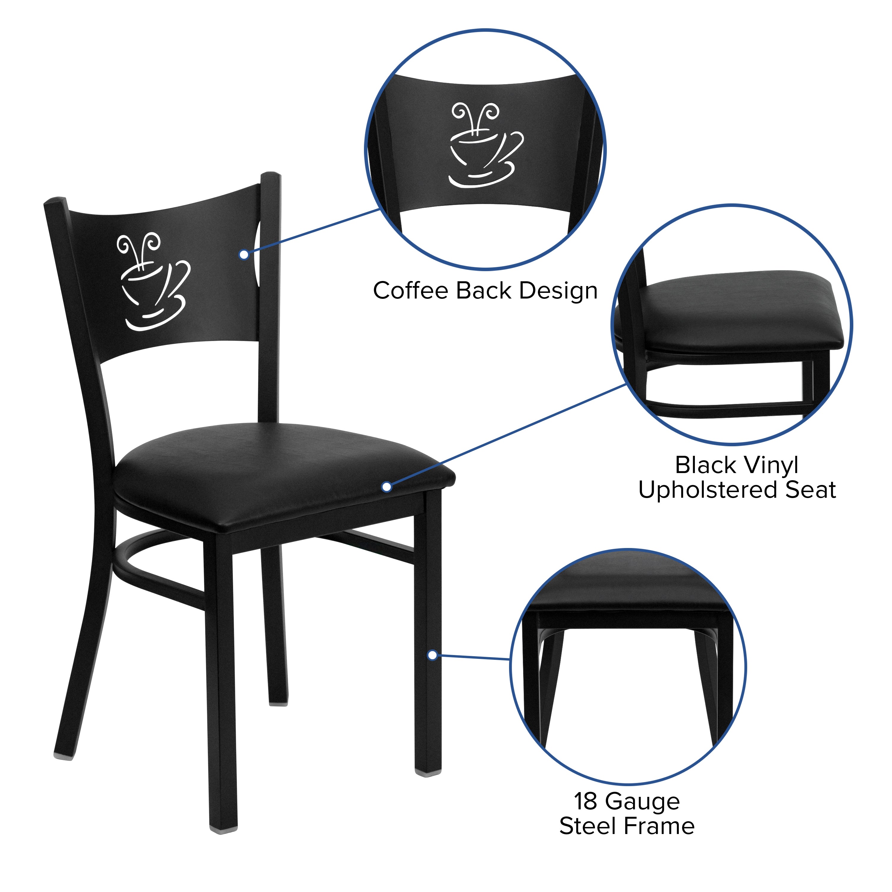 HERCULES Series Black Coffee Back Metal Restaurant Chair - Black Vinyl Seat